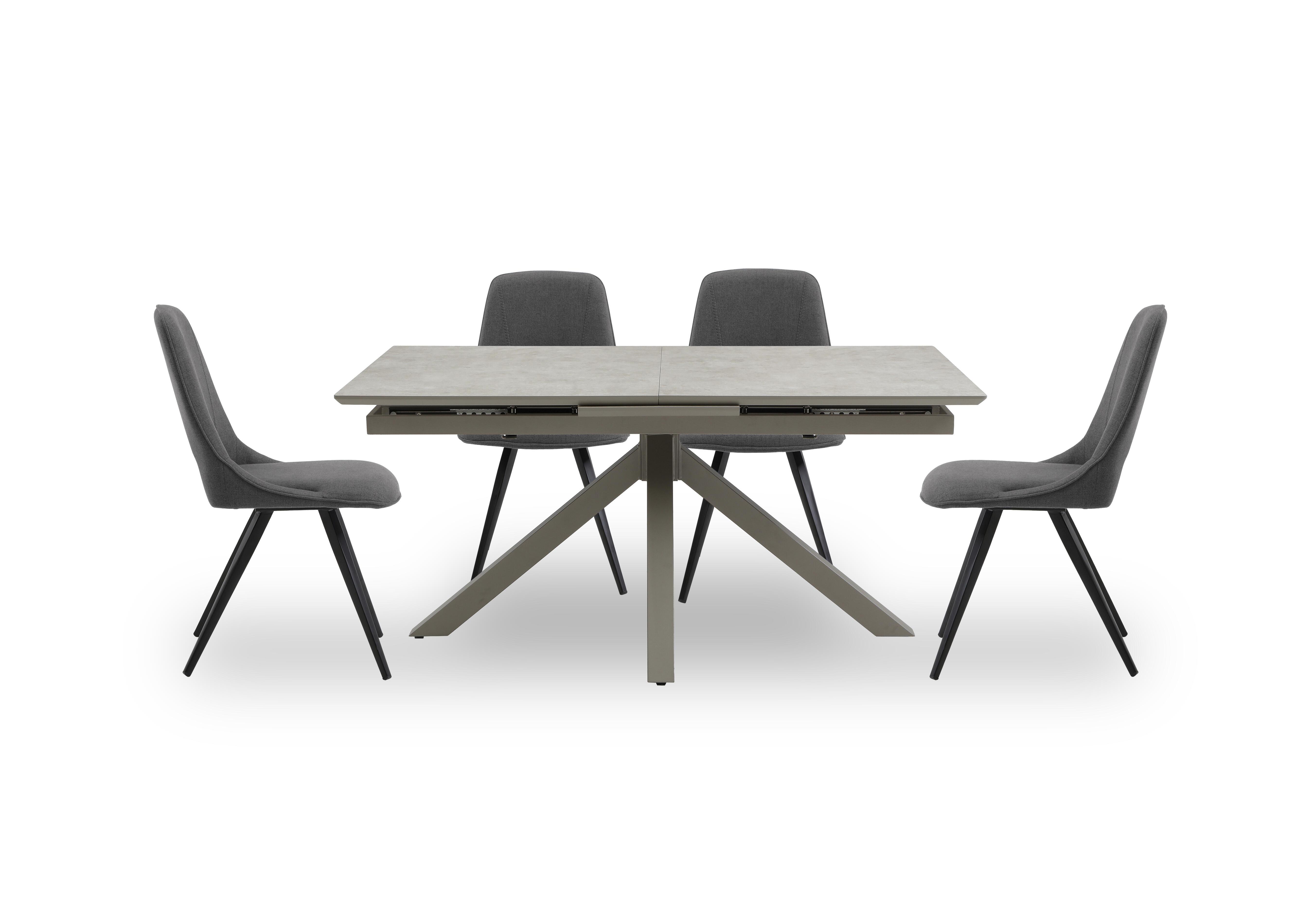 Matera Pop Up Extending Dining Table with Star Base and 4 Fabric Dining Chairs with Black Legs in Dark Grey on Furniture Village