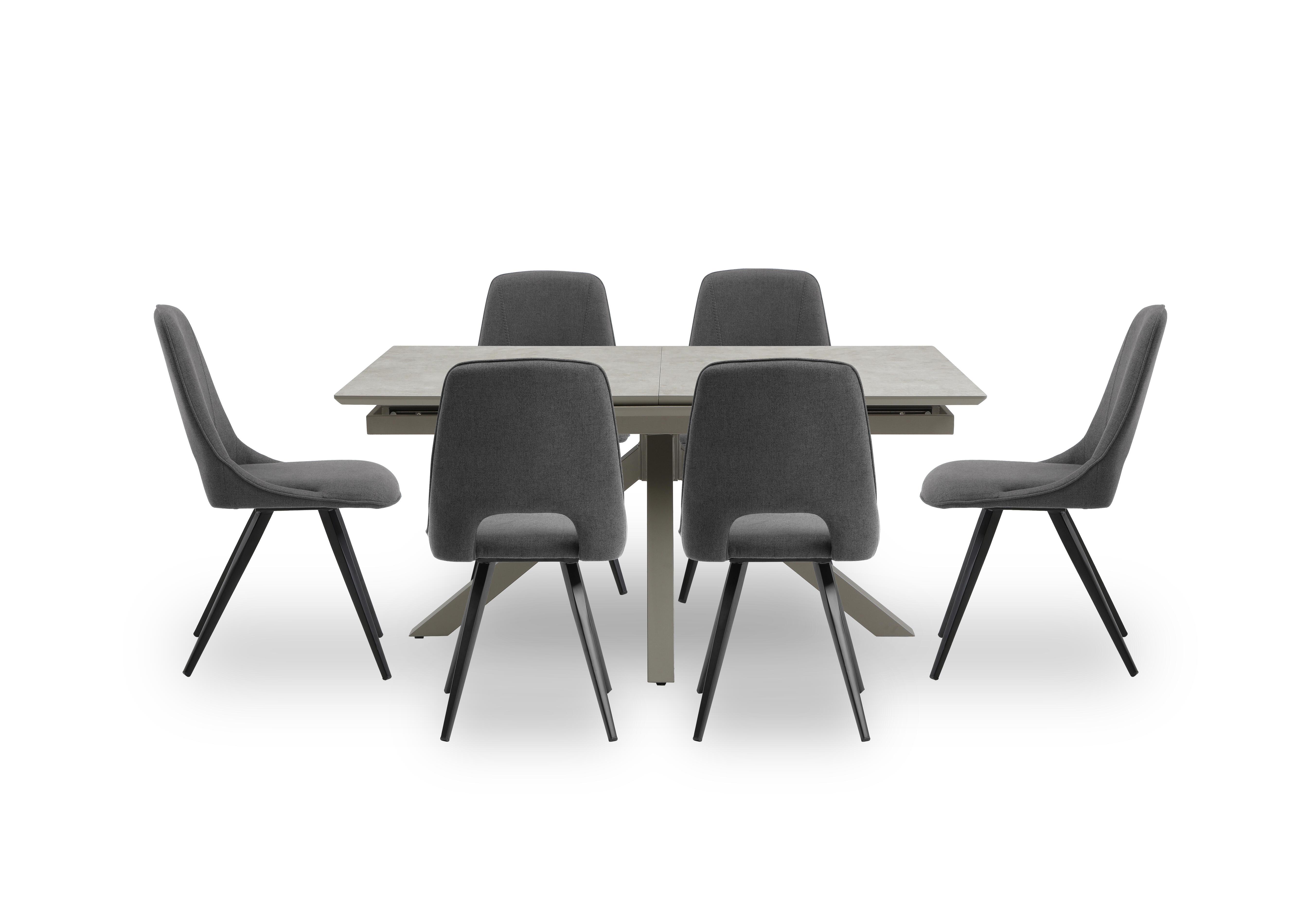 Matera Pop Up Extending Dining Table with Star Base and 6 Fabric Dining Chairs with Black Legs in Dark Grey on Furniture Village