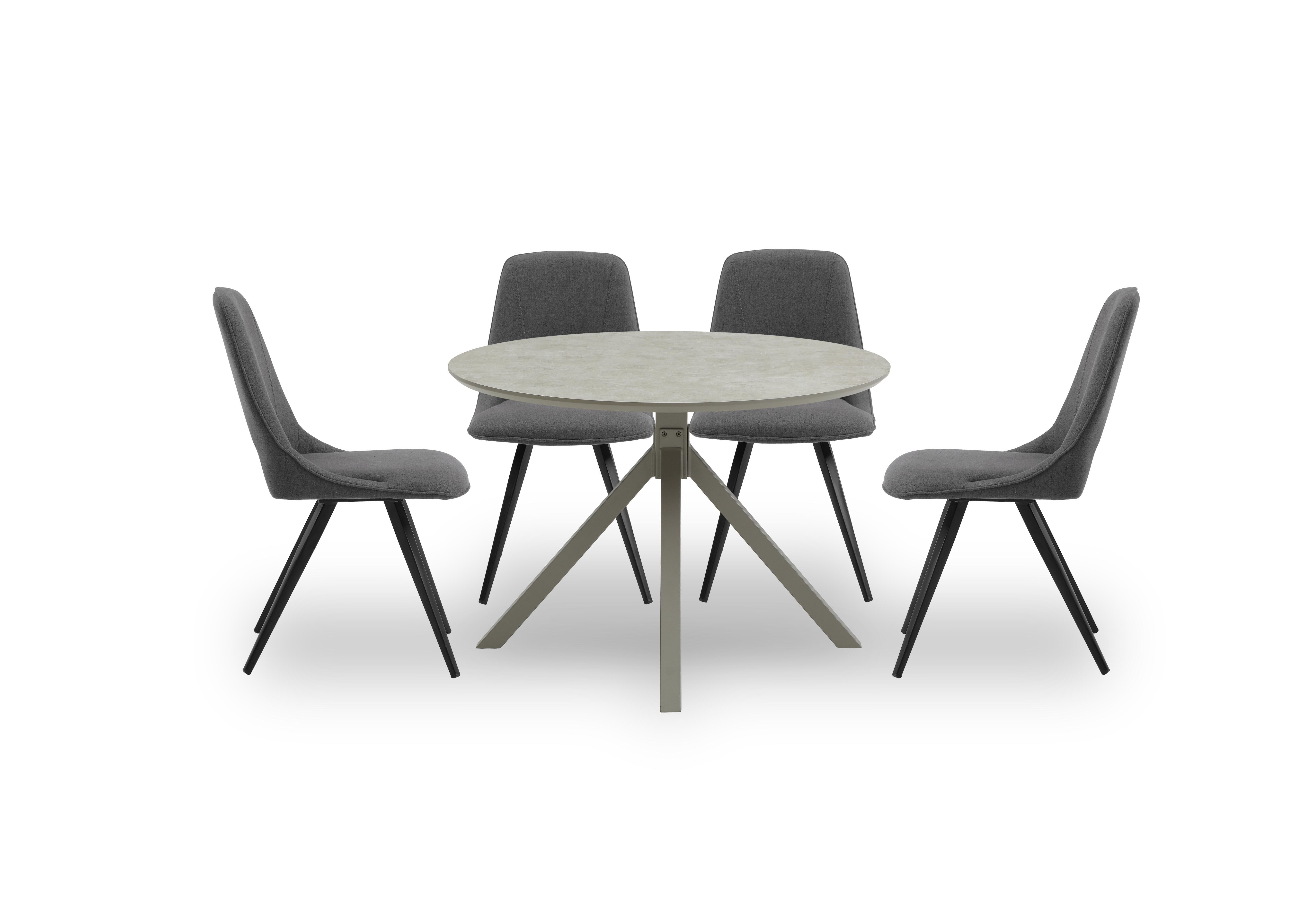 Matera Round Dining Table with Star Base and 4 Fabric Dining Chairs with Black Legs in Dark Grey on Furniture Village