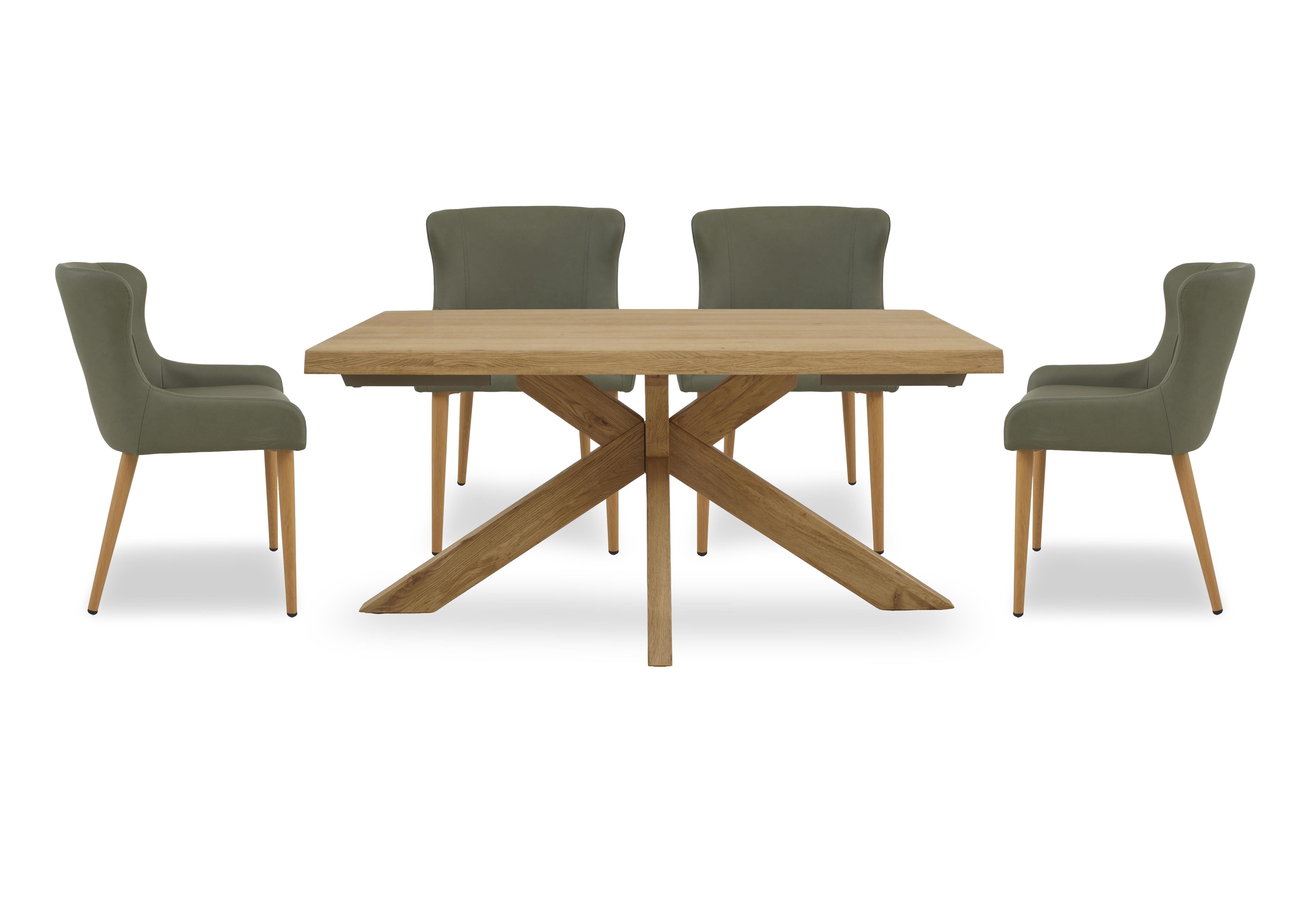 Riga Dining Table with Wooden Star Base and 4 Upholstered Dining Chairs in Green on Furniture Village