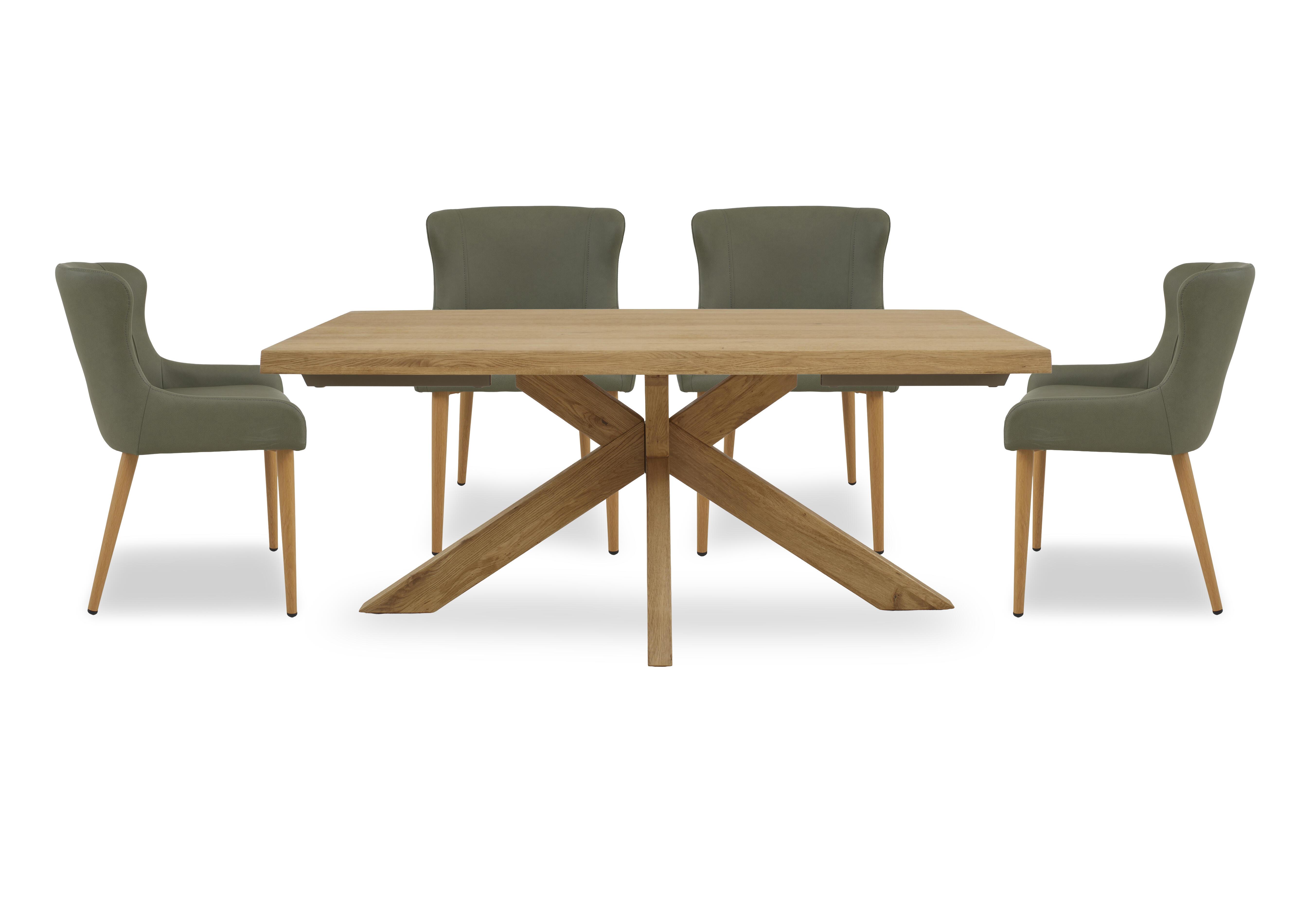 Riga Dining Table with Wooden Star Base and 4 Upholstered Dining Chairs in Green on Furniture Village