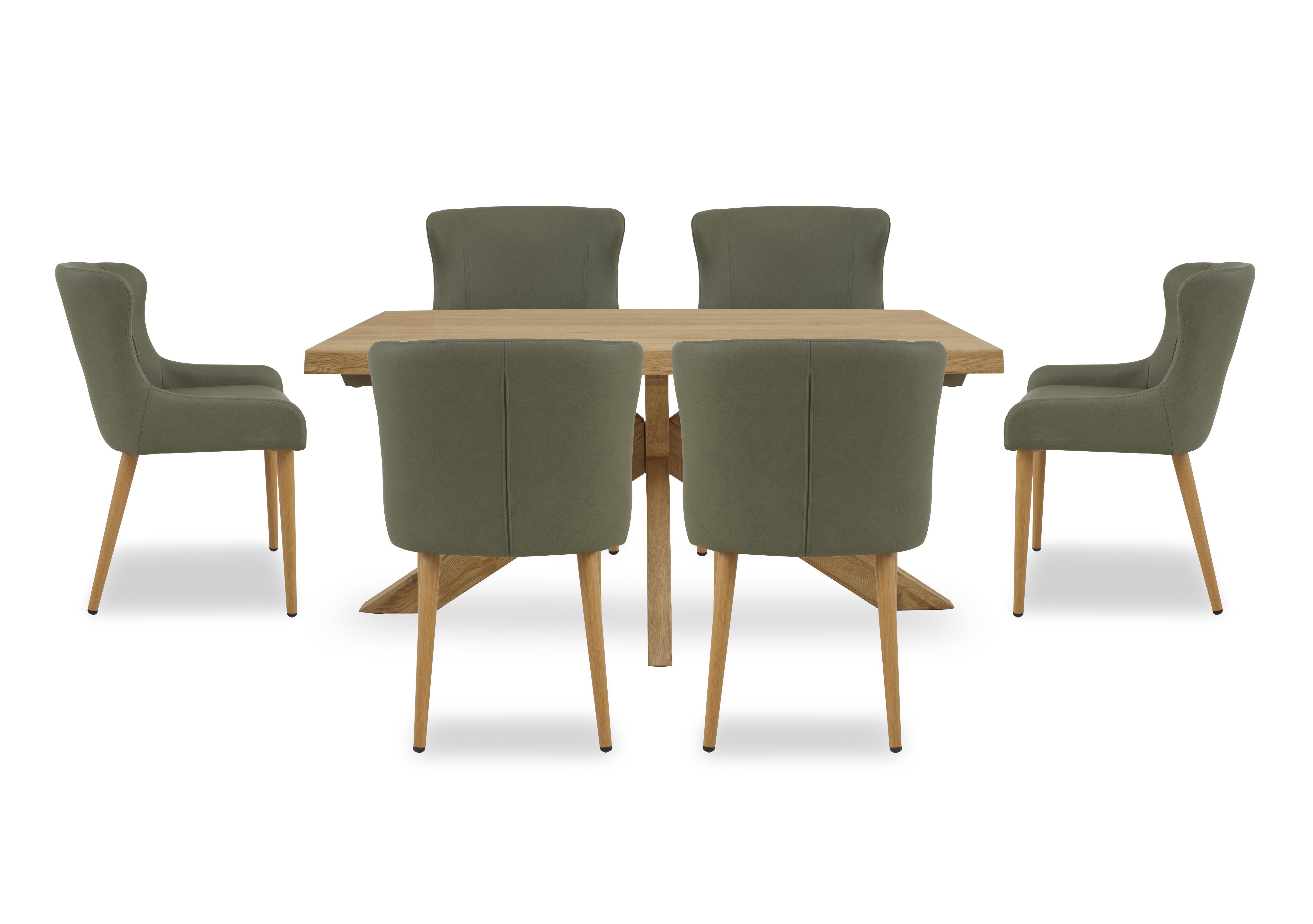 Riga Dining Table with Wooden Star Base and 6 Upholstered Dining Chairs in Green on Furniture Village