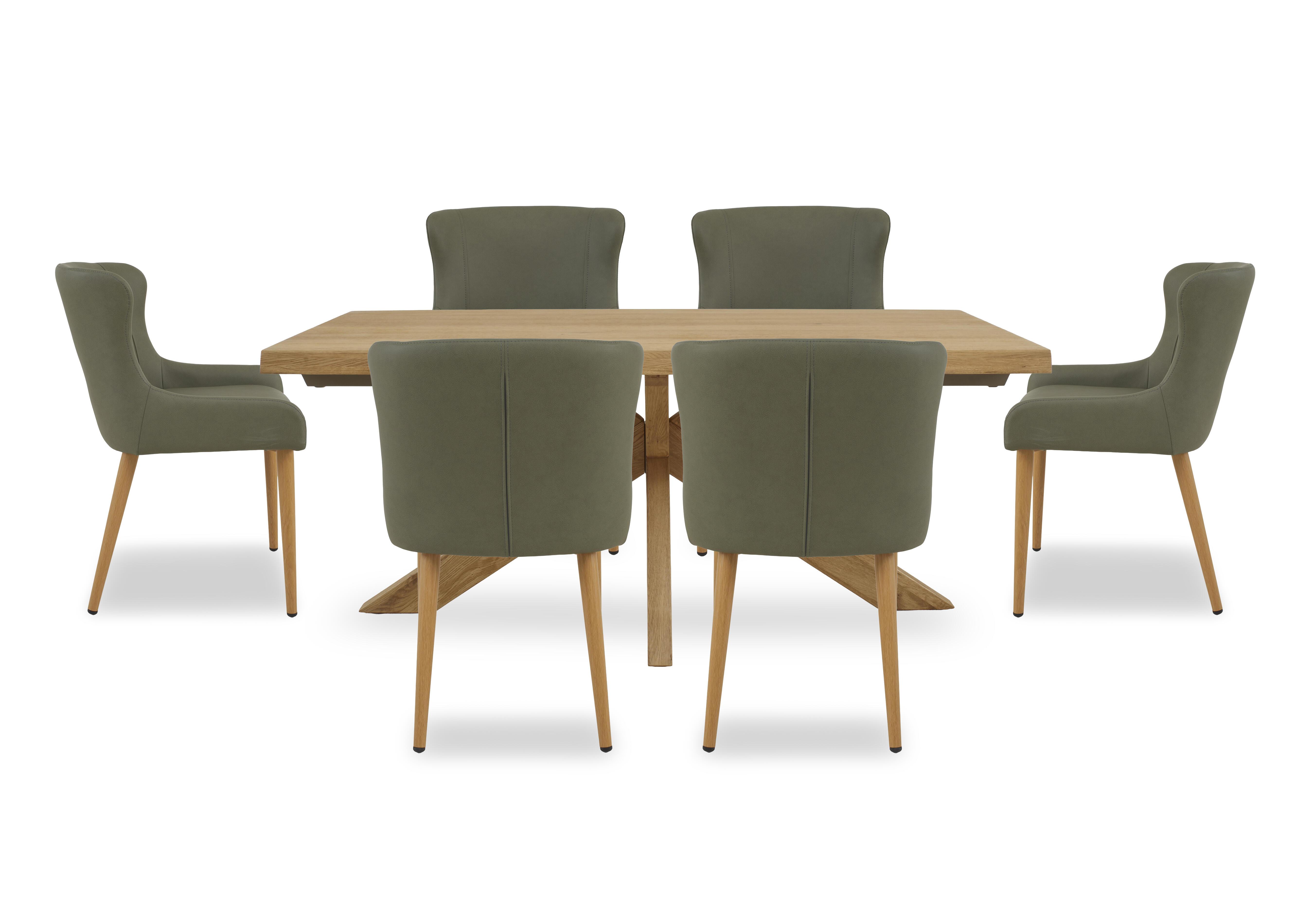 Riga Dining Table with Wooden Star Base and 6 Upholstered Dining Chairs in Green on Furniture Village