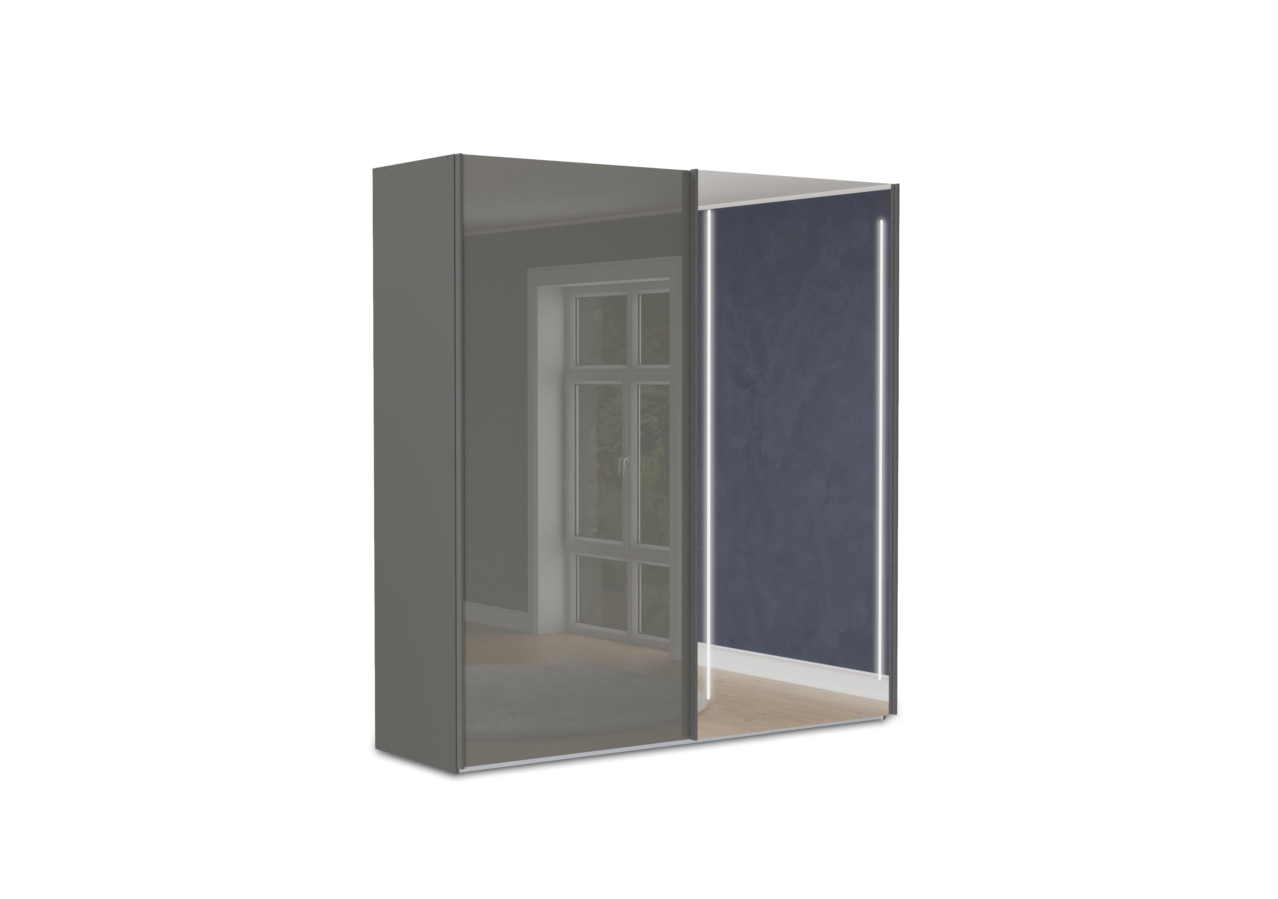 Instinct 200cm 2 Door Sliding Wardrobe with 1 Glass Door and 1 Mirror Door with LED Lighting in Lava Grey on Furniture Village
