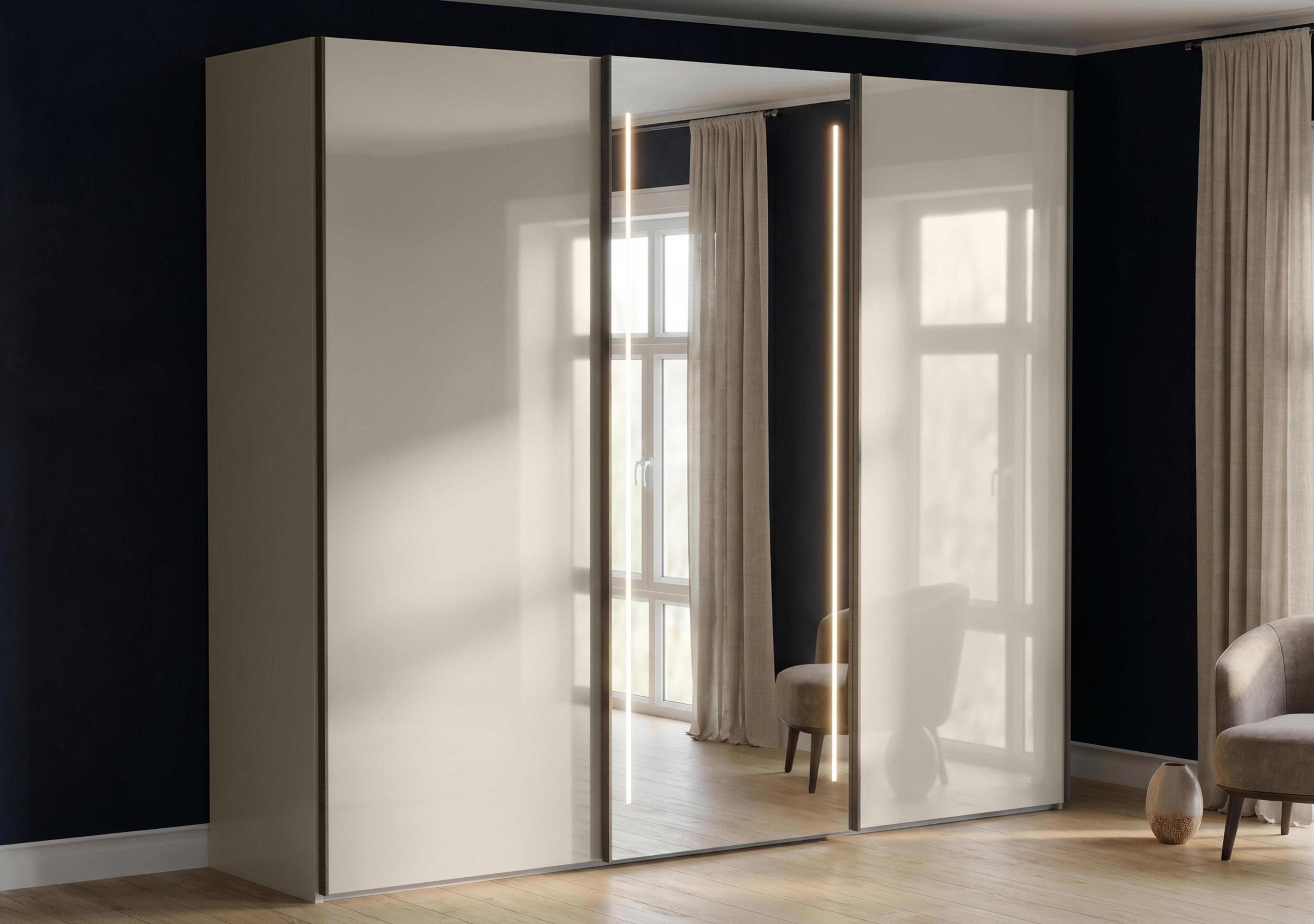 Instinct 250cm 3 Door Sliding Wardrobe with 2 Glass Doors and 1 Mirror Door with LED Lighting in  on Furniture Village