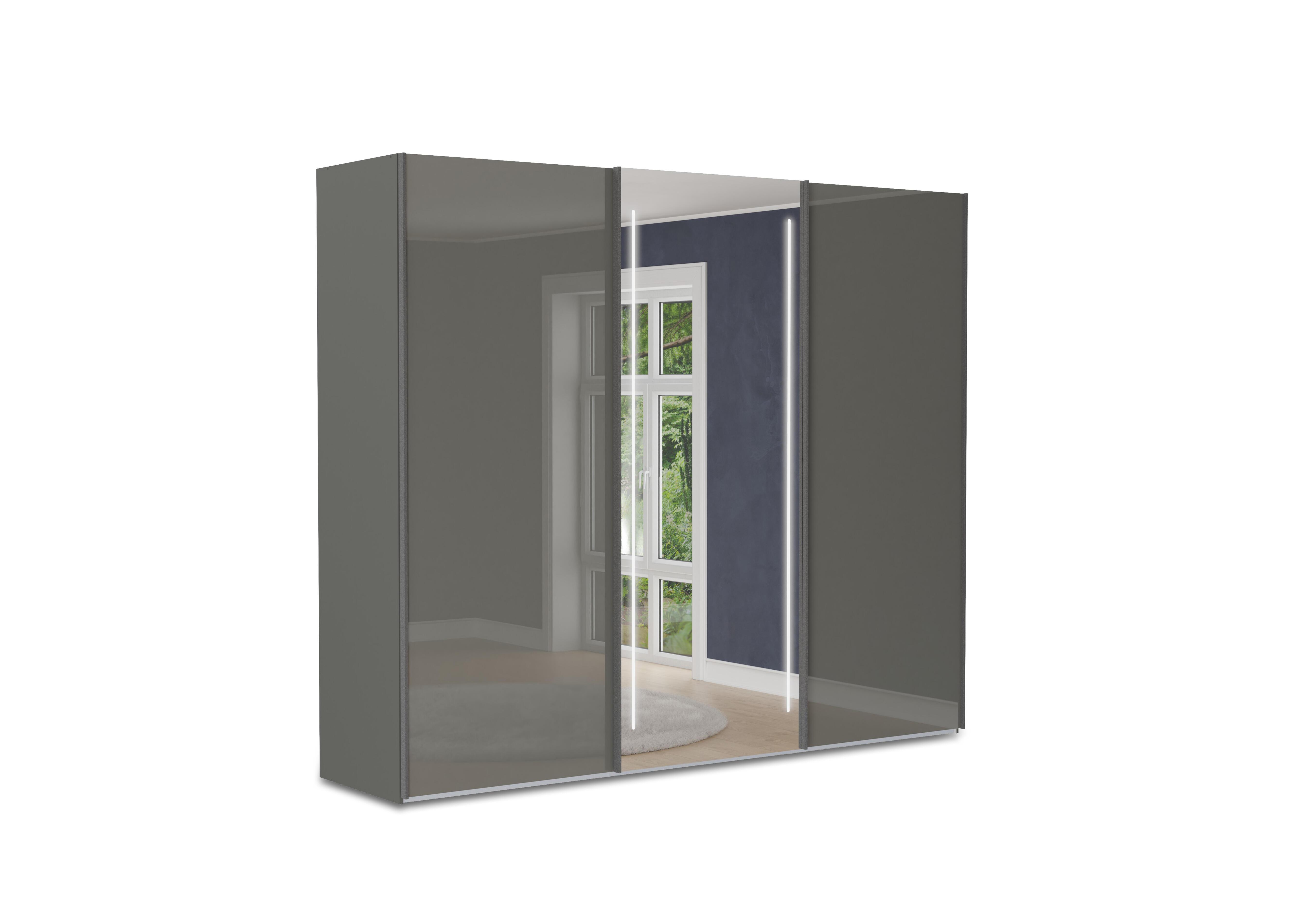 Instinct 250cm 3 Door Sliding Wardrobe with 2 Glass Doors and 1 Mirror Door with LED Lighting in Lava Grey on Furniture Village