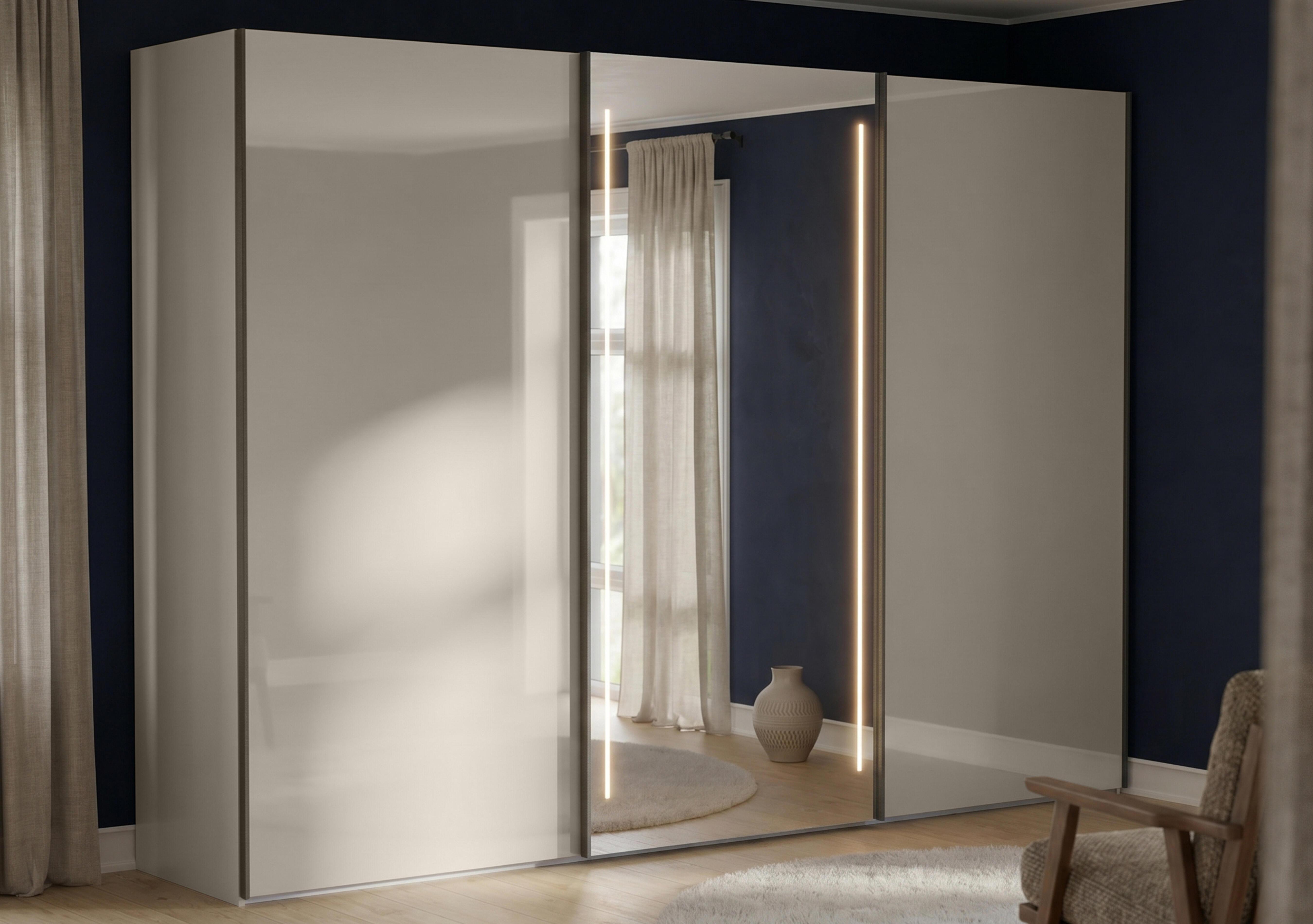 Instinct 300cm 3 Door Sliding Wardrobe with 2 Glass Doors and 1 Mirror Door with LED Lighting in  on Furniture Village