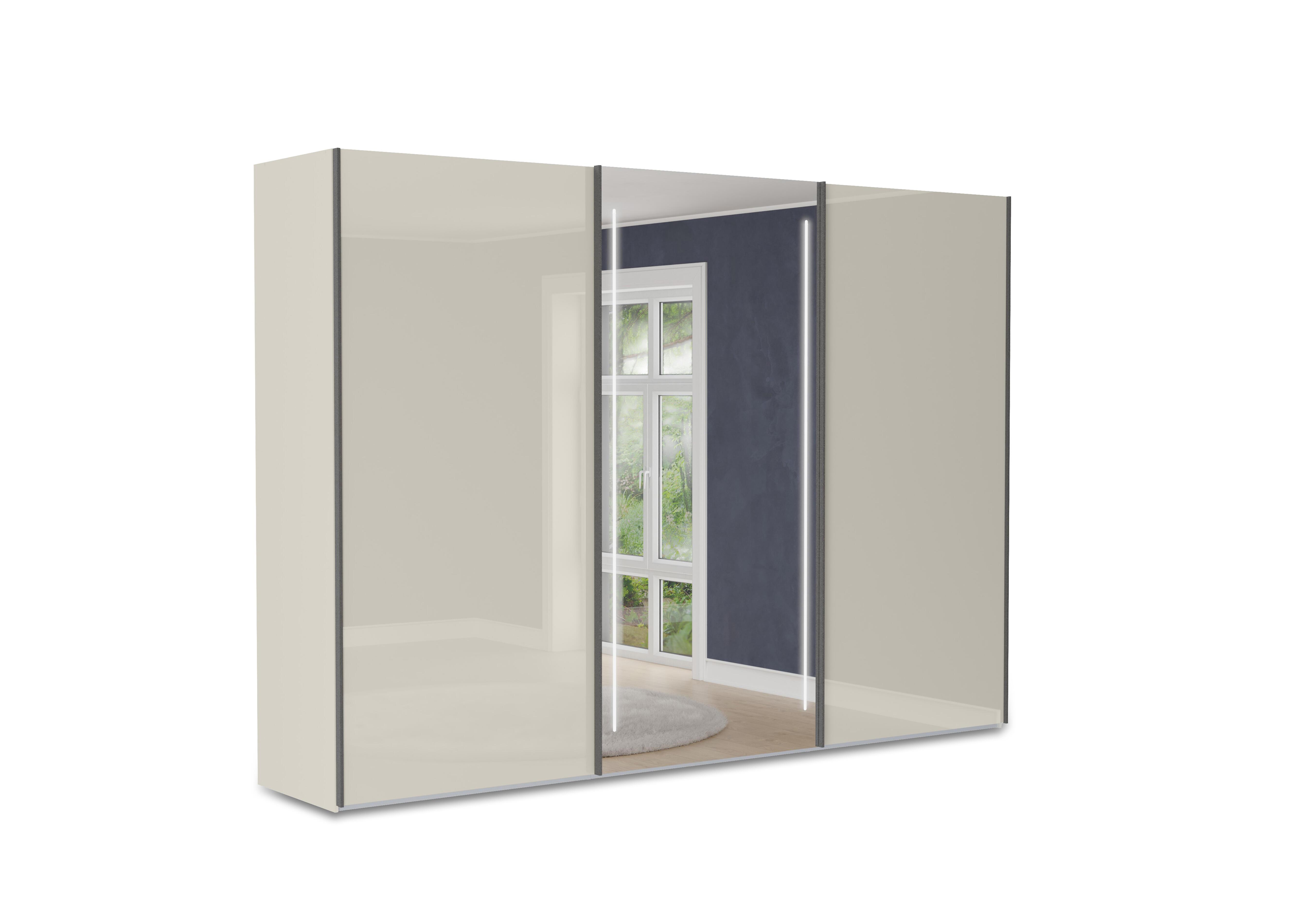 Instinct 300cm 3 Door Sliding Wardrobe with 2 Glass Doors and 1 Mirror Door with LED Lighting in Champagne on Furniture Village