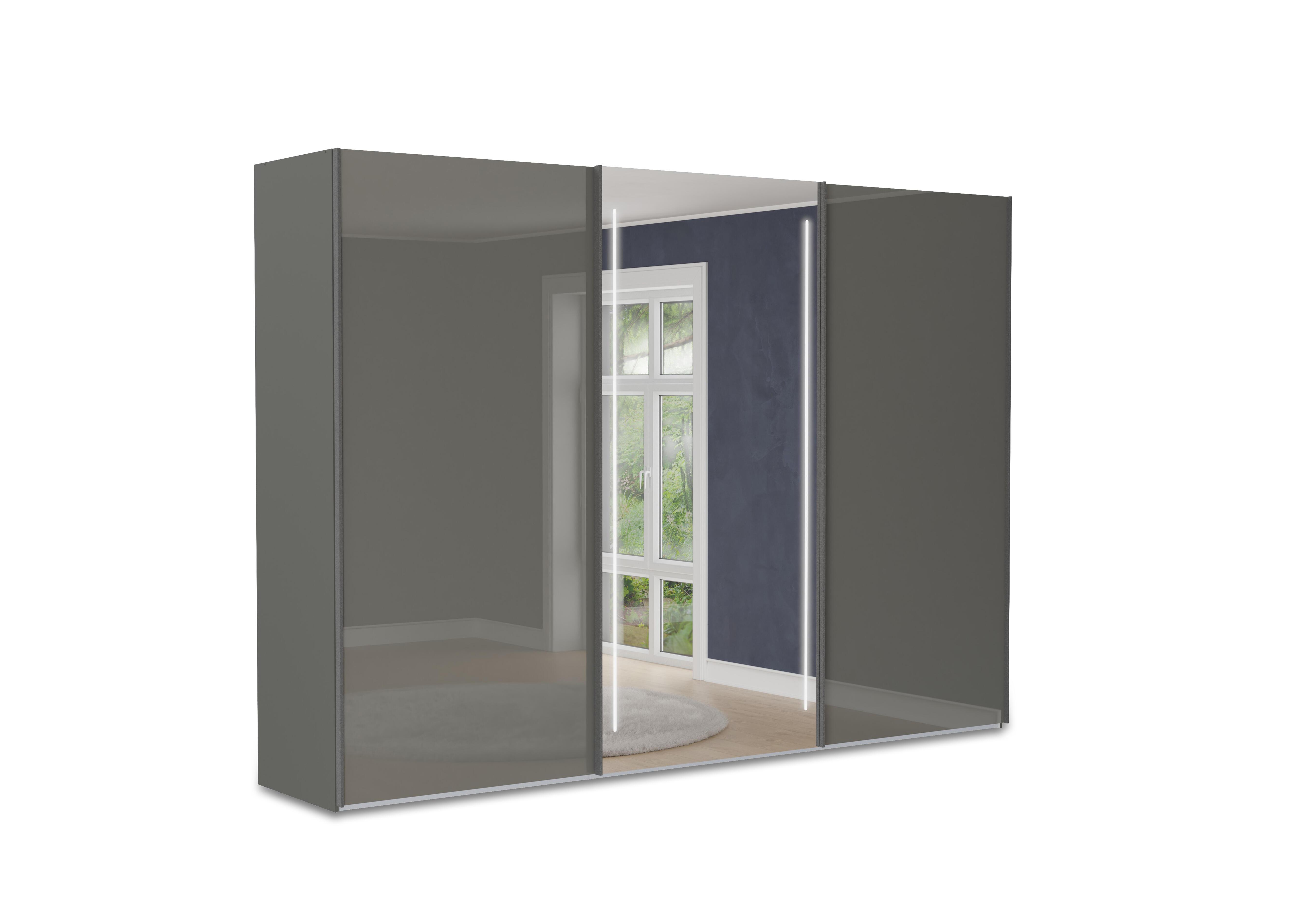 Instinct 300cm 3 Door Sliding Wardrobe with 2 Glass Doors and 1 Mirror Door with LED Lighting in Lava Grey on Furniture Village
