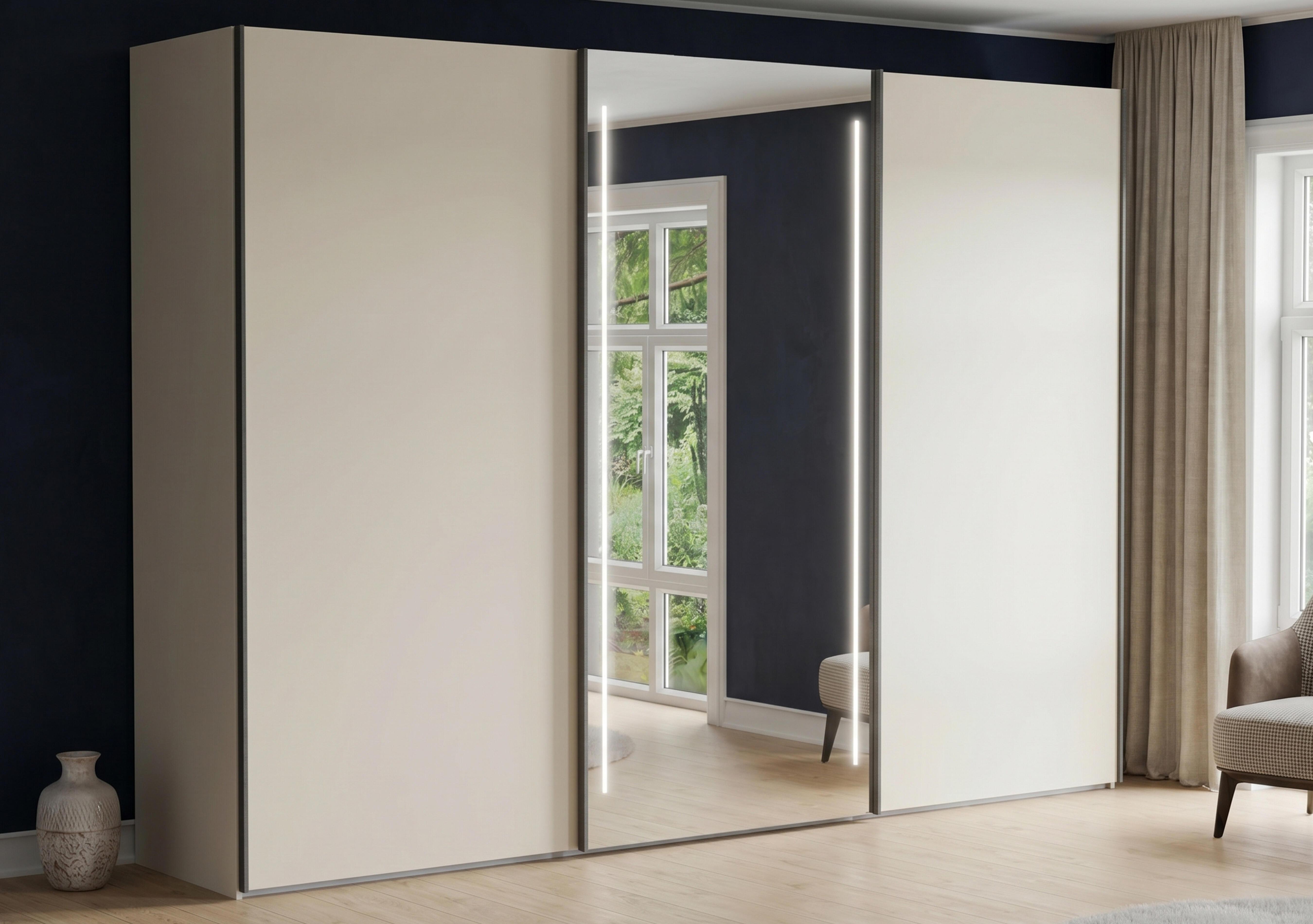 Instinct 300cm 3 Door Sliding Wardrobe with 2 Matt Finish Doors and 1 Mirror Door with LED Lighting in  on Furniture Village