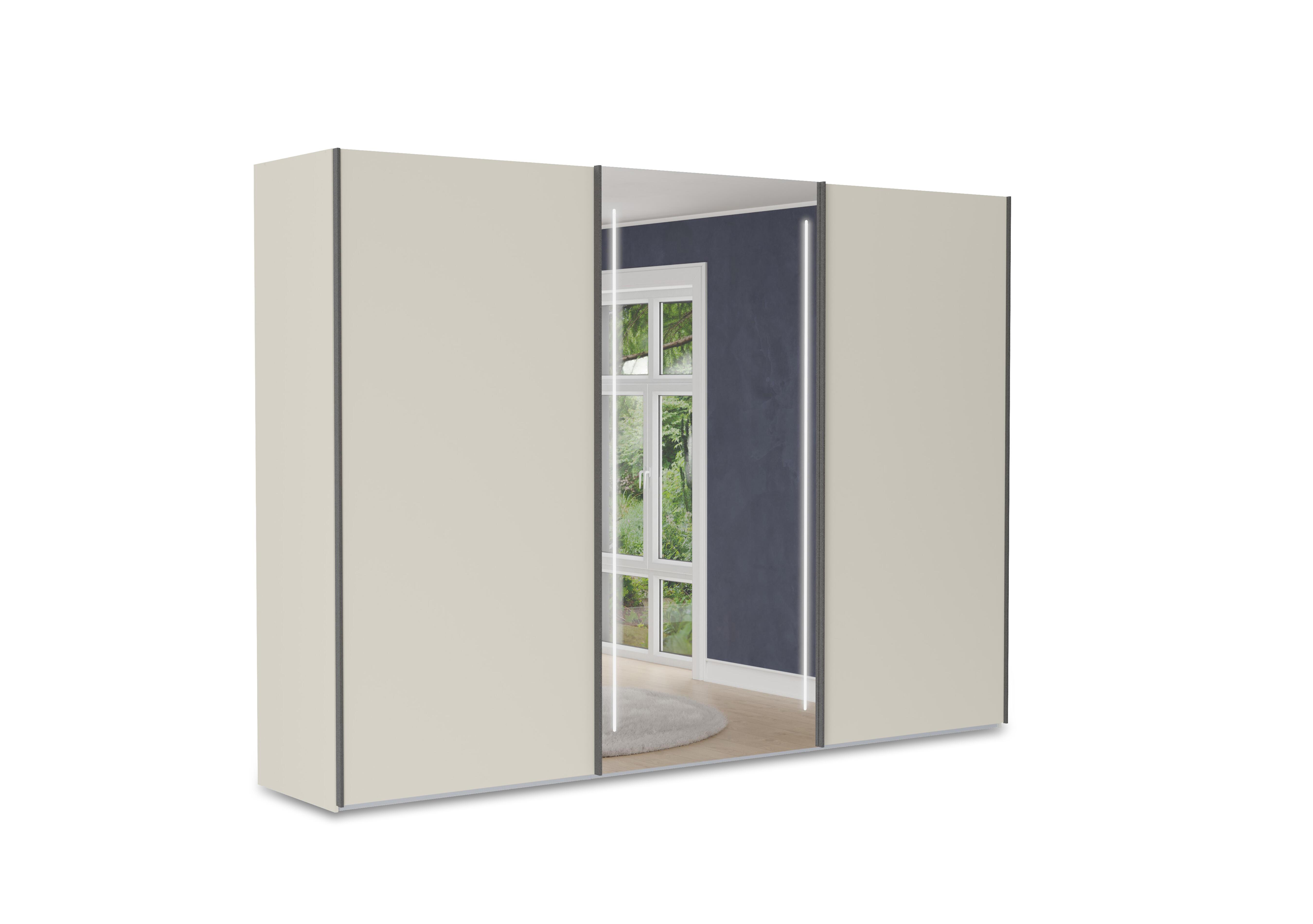 Instinct 300cm 3 Door Sliding Wardrobe with 2 Matt Finish Doors and 1 Mirror Door with LED Lighting in Champagne on Furniture Village