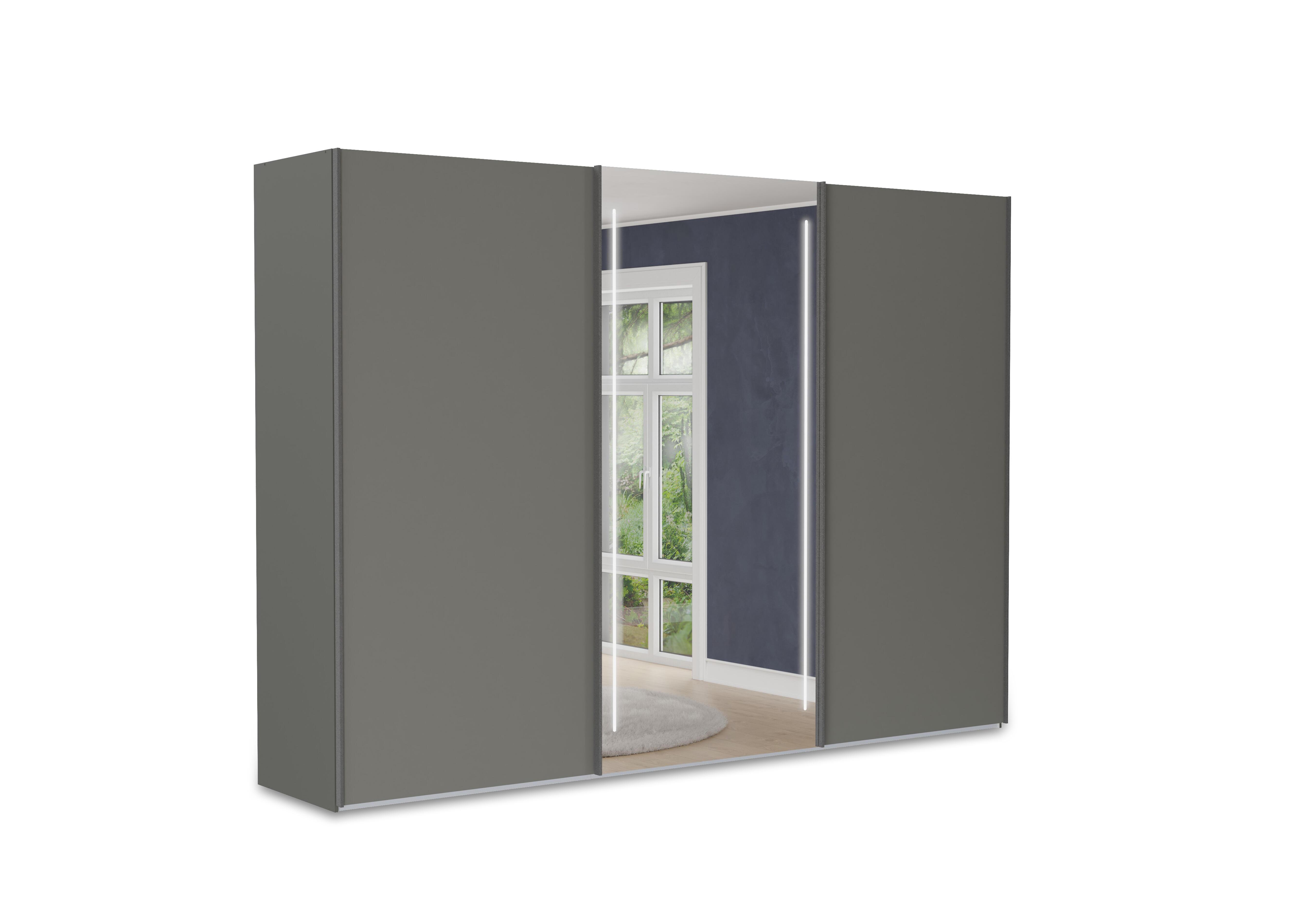 Instinct 300cm 3 Door Sliding Wardrobe with 2 Matt Finish Doors and 1 Mirror Door with LED Lighting in Lava Grey on Furniture Village