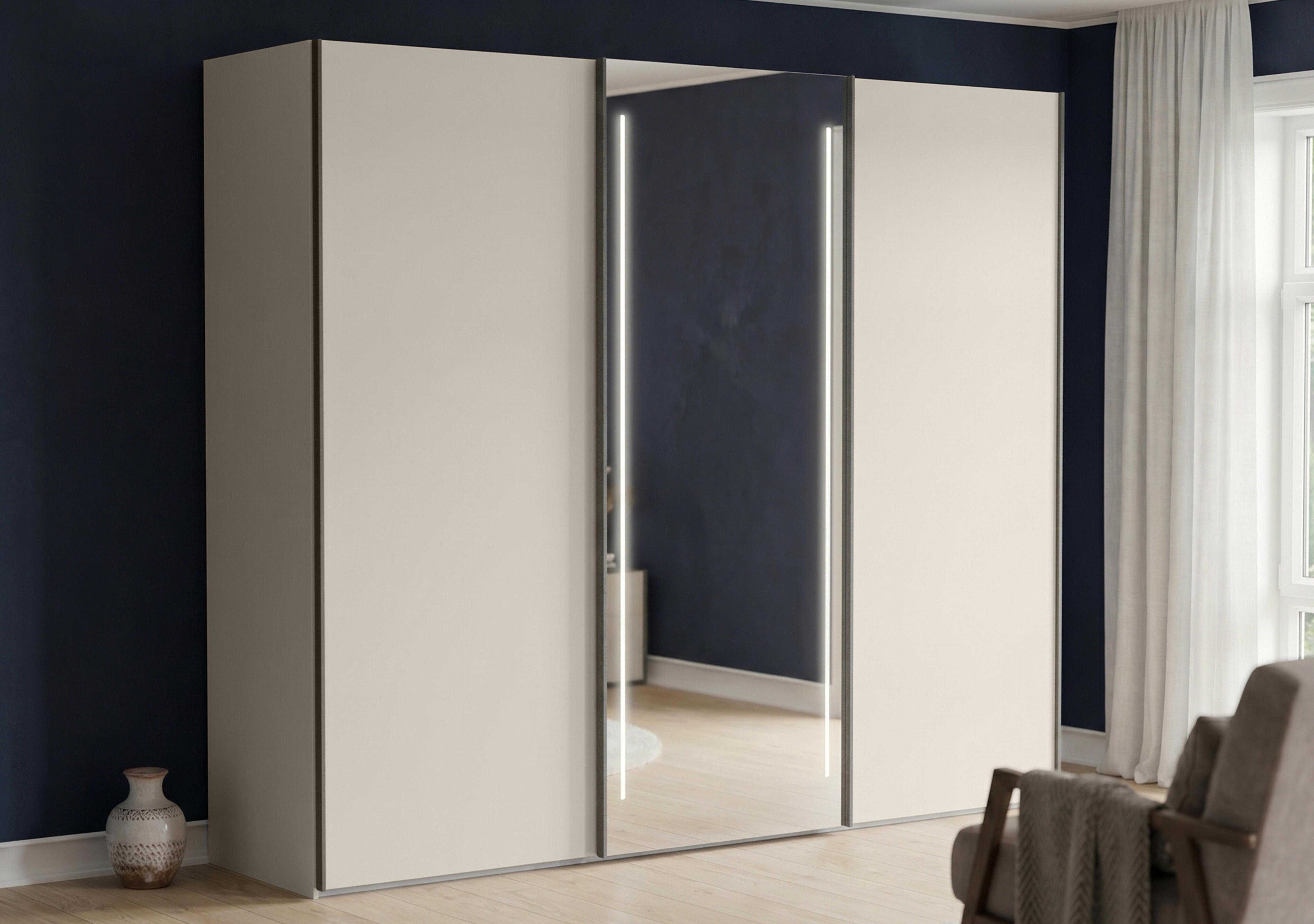 Instinct 250cm 3 Door Sliding Wardrobe with 2 Matt Finish Doors and 1 Mirror Door with LED Lighting in  on Furniture Village