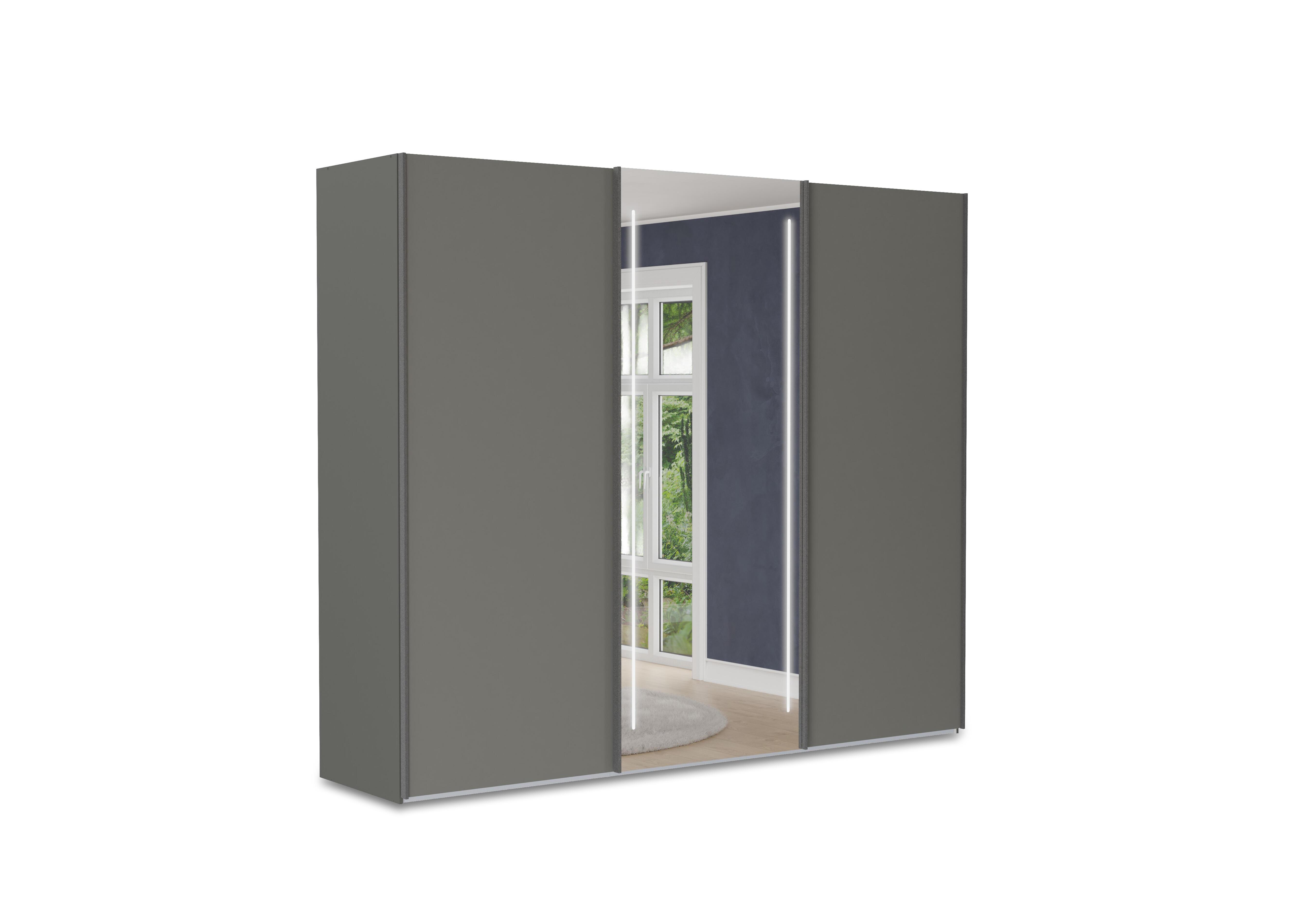 Instinct 250cm 3 Door Sliding Wardrobe with 2 Matt Finish Doors and 1 Mirror Door with LED Lighting in Lava Grey on Furniture Village