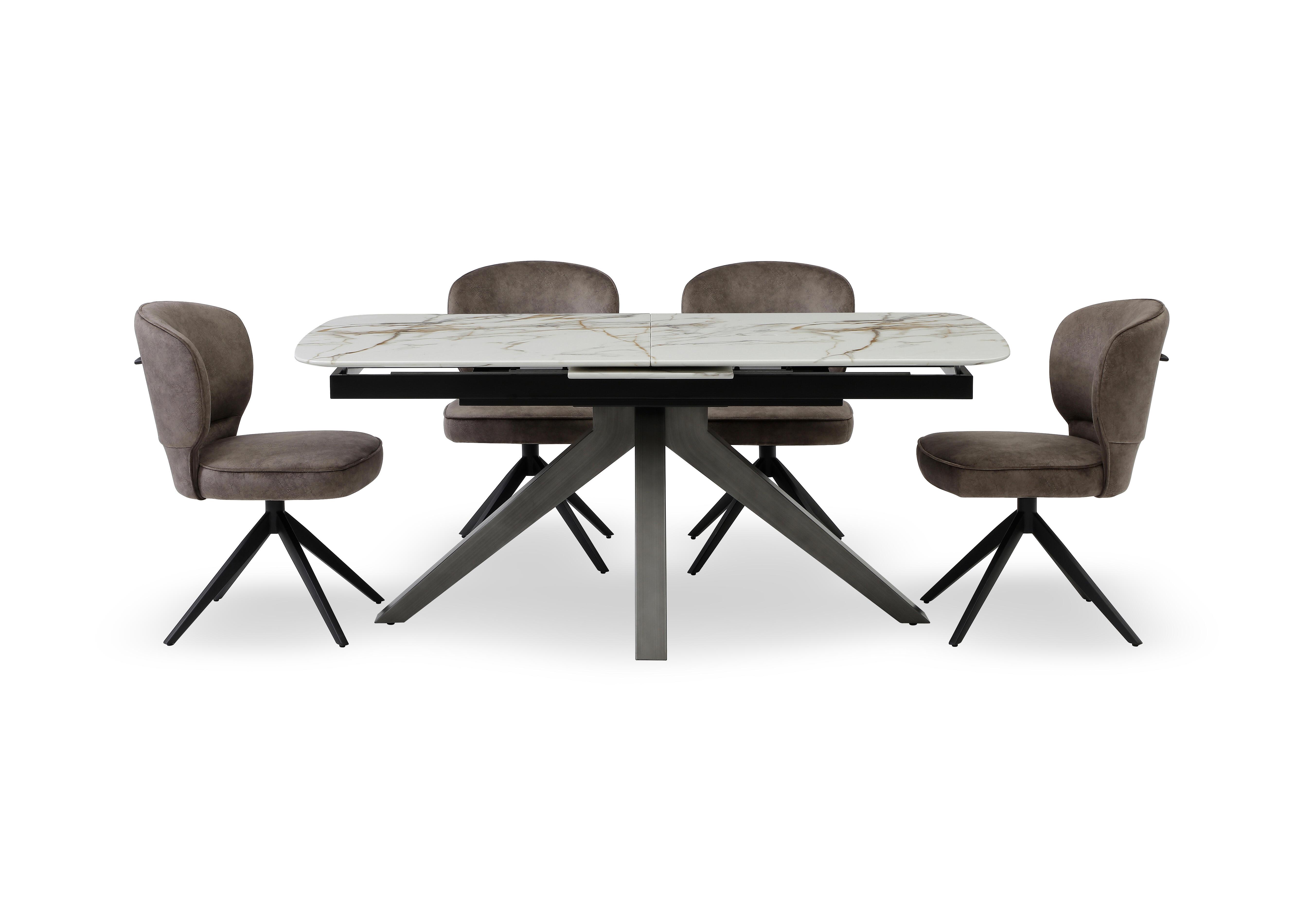 Imperium Pop Up Extending Dining Table and 4 Fabric Swivel Dining Chairs in Chocolate Velvet on Furniture Village