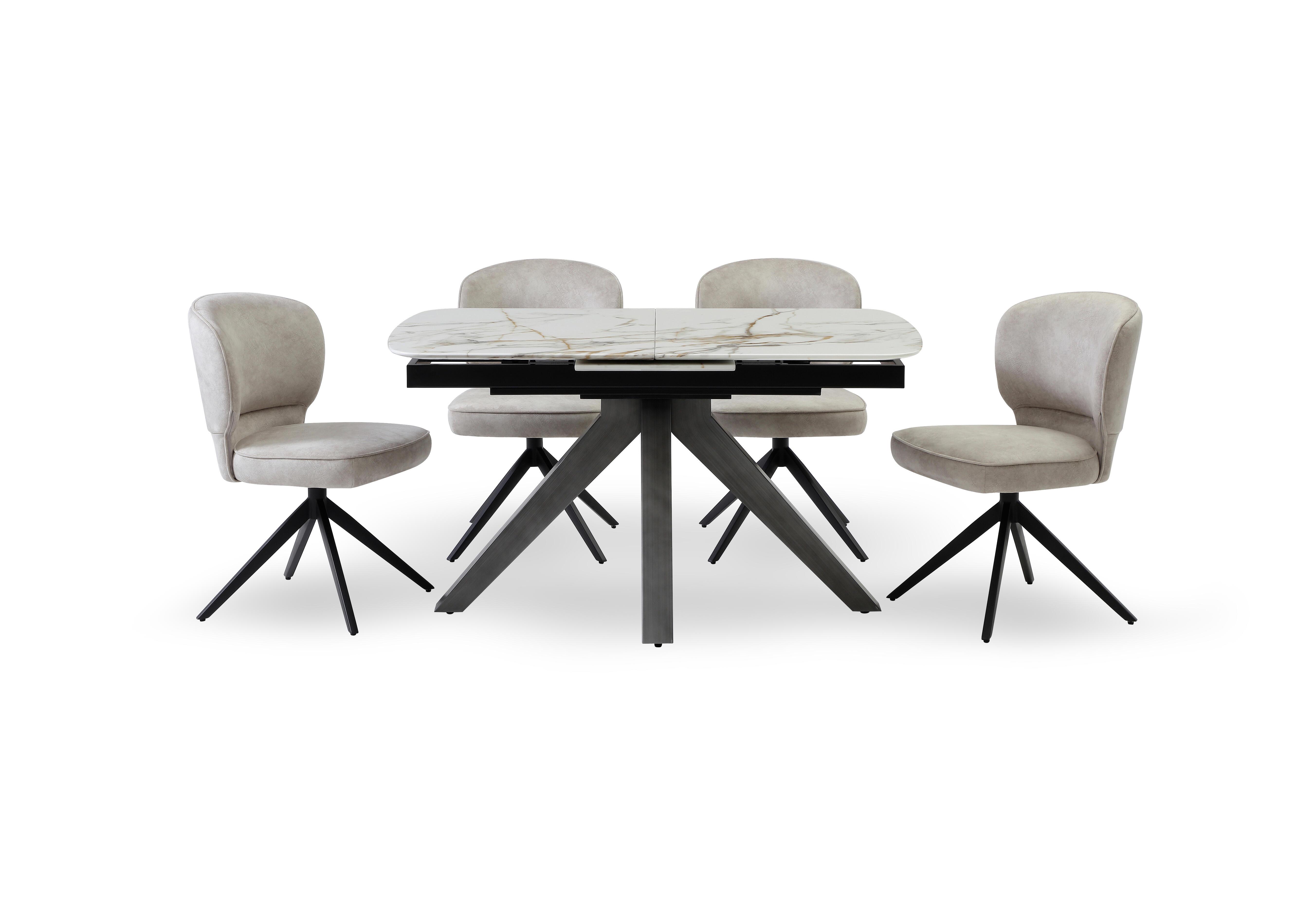 Imperium Pop Up Extending Dining Table and 4 Fabric Swivel Dining Chairs in Cream Velvet on Furniture Village