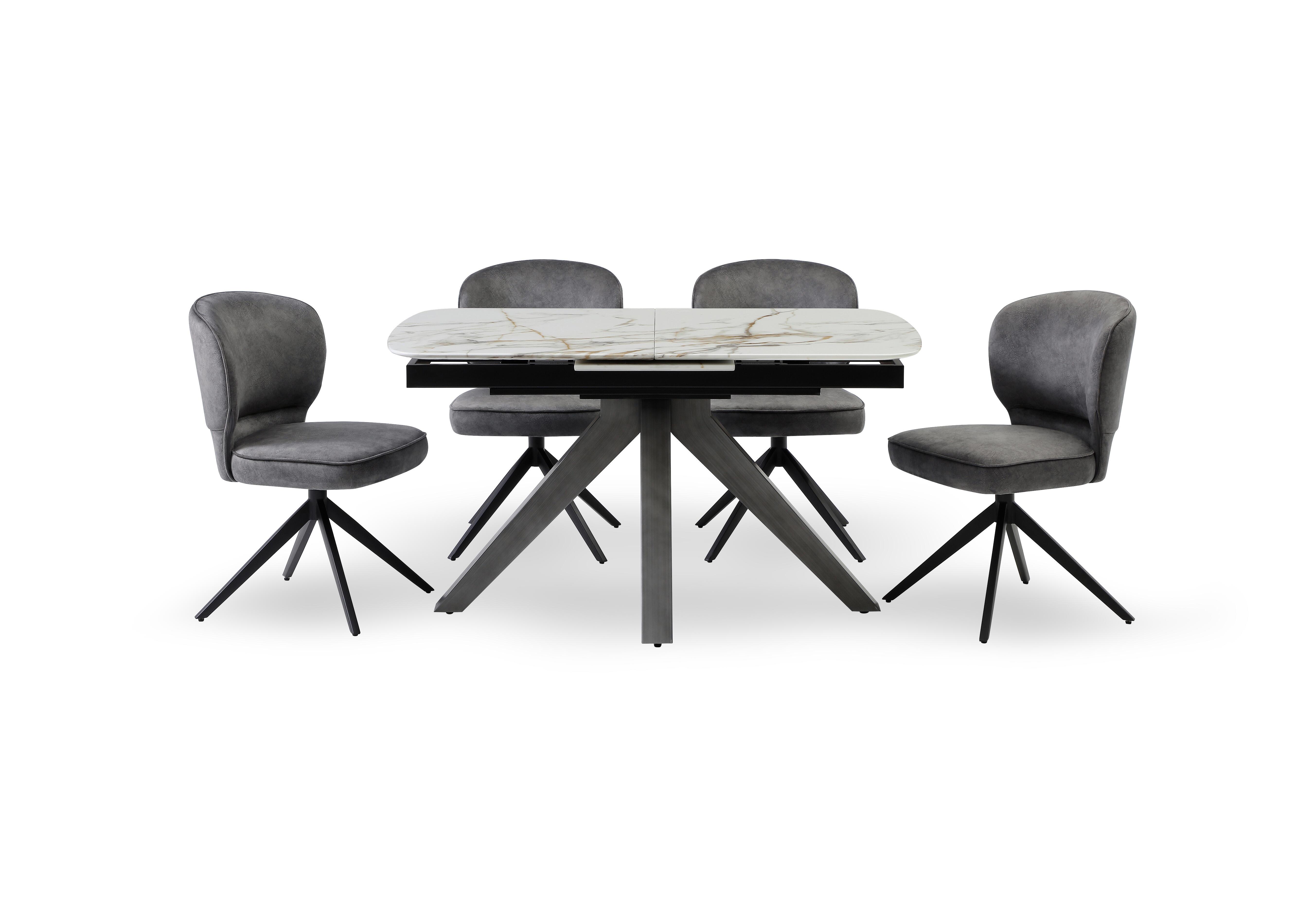 Imperium Pop Up Extending Dining Table and 4 Fabric Swivel Dining Chairs in Mink Velvet on Furniture Village