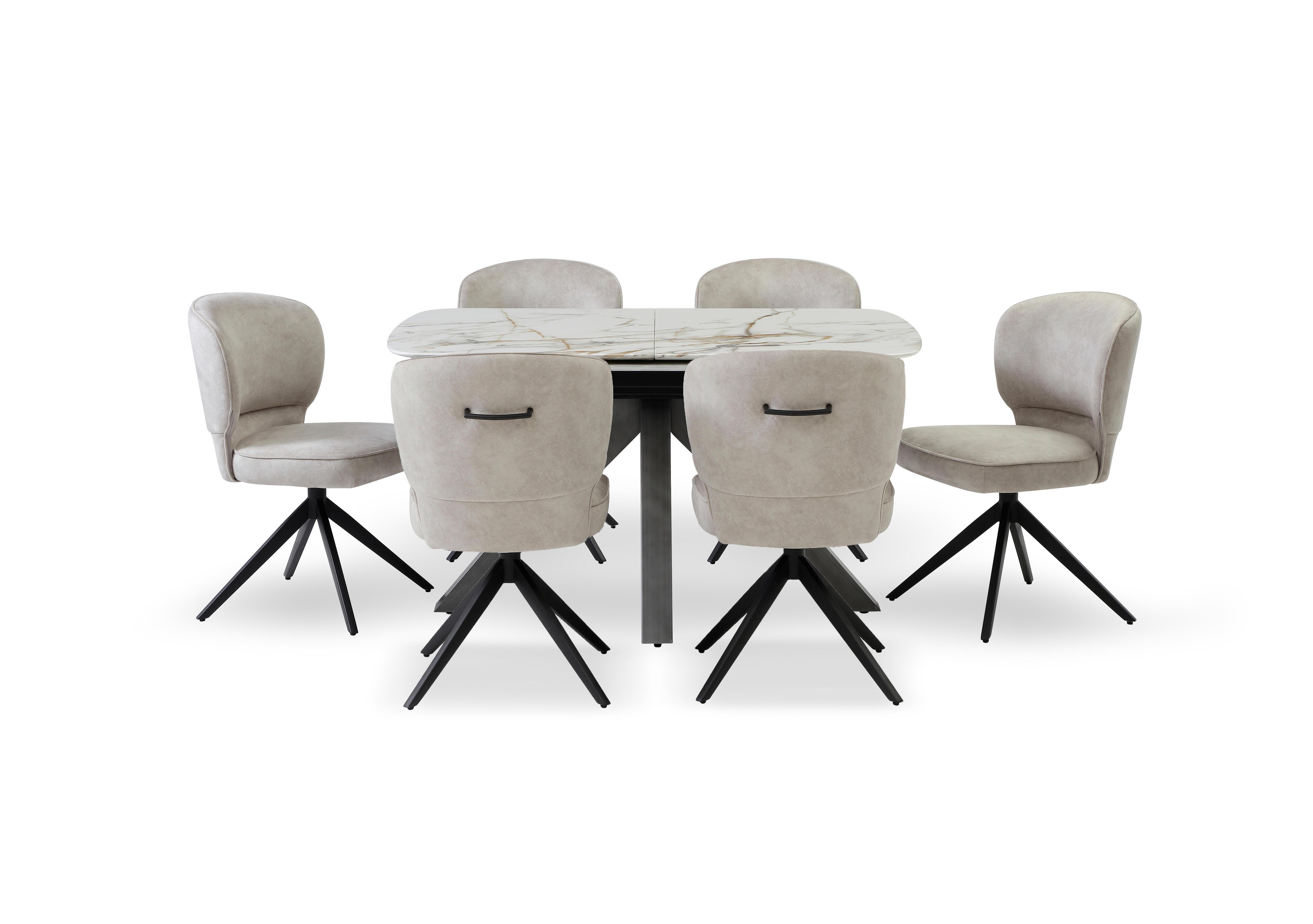Imperium Pop Up Extending Dining Table and 6 Fabric Swivel Dining Chairs in Cream Velvet on Furniture Village