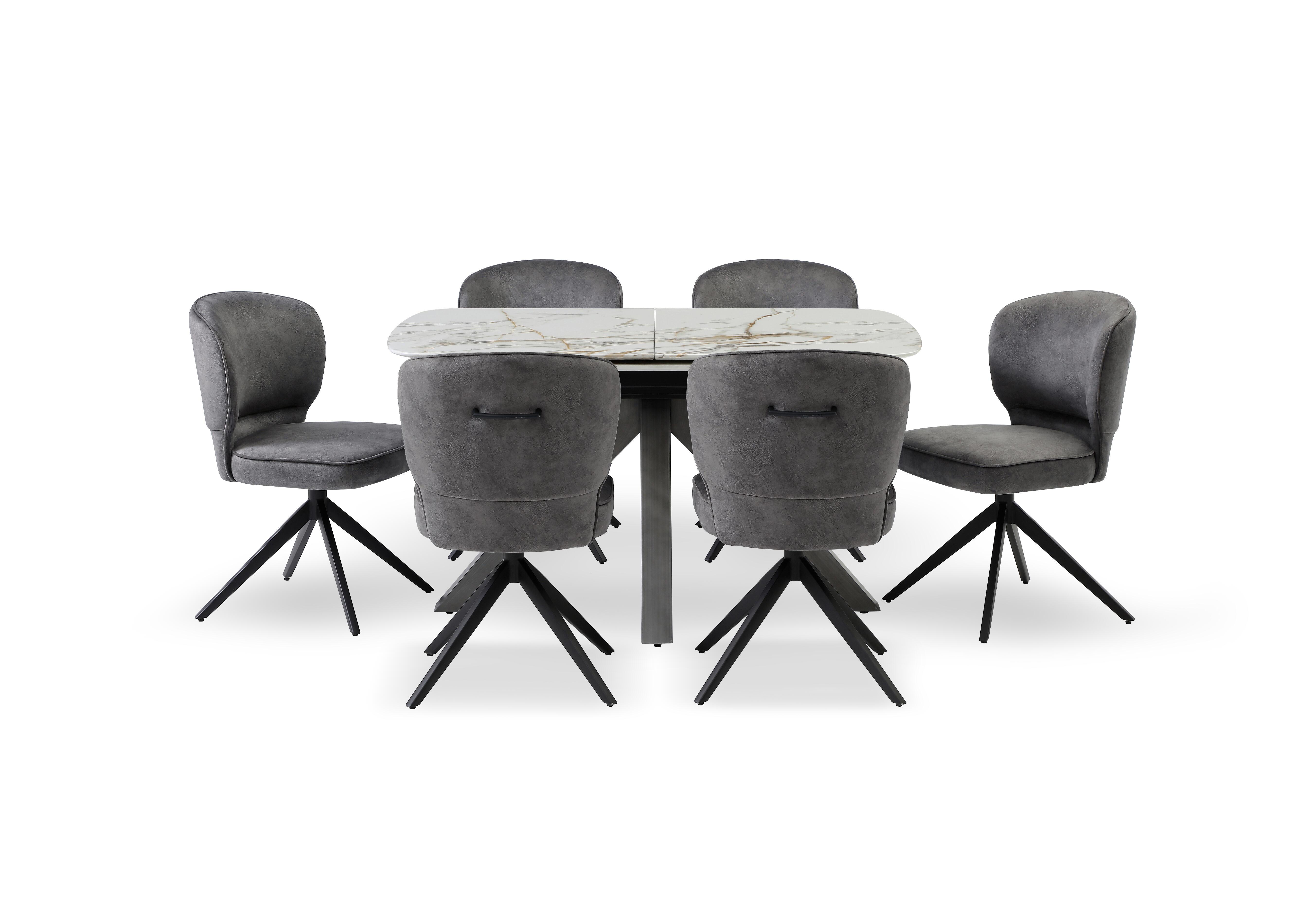 Imperium Pop Up Extending Dining Table and 6 Fabric Swivel Dining Chairs in Mink Velvet on Furniture Village