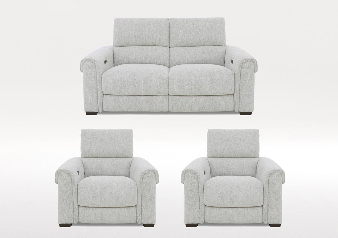 Nixon 2 Seater Fabric Power Recliner Sofa and 2 Armchairs Set in Fab-Mil-R104 Oyster on Furniture Village