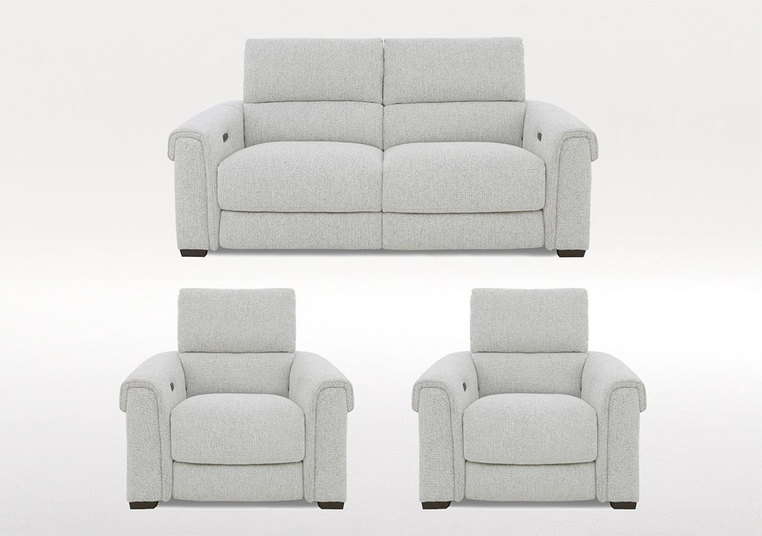 Nixon 3 Seater Fabric Power Recliner Sofa and 2 Armchairs Set in Fab-Mil-R104 Oyster on Furniture Village