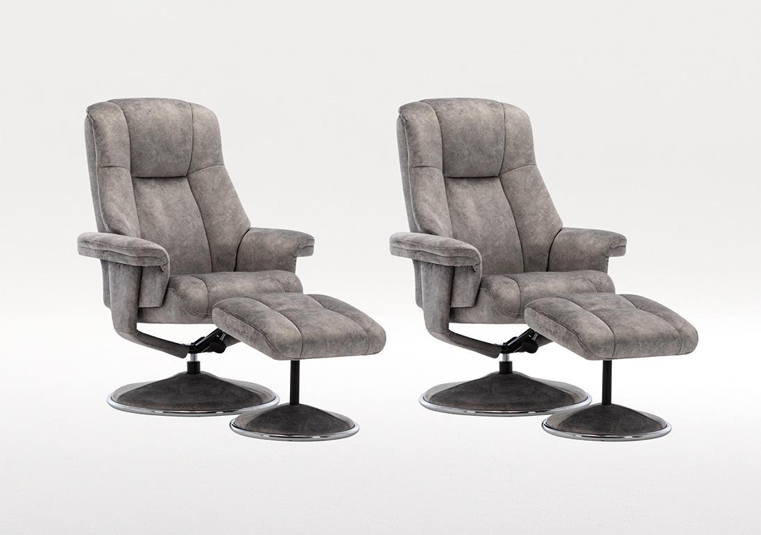 Troyes Set of 2 Fabric High-Back 360 Swivel Chairs and Footstools in Elephant on Furniture Village