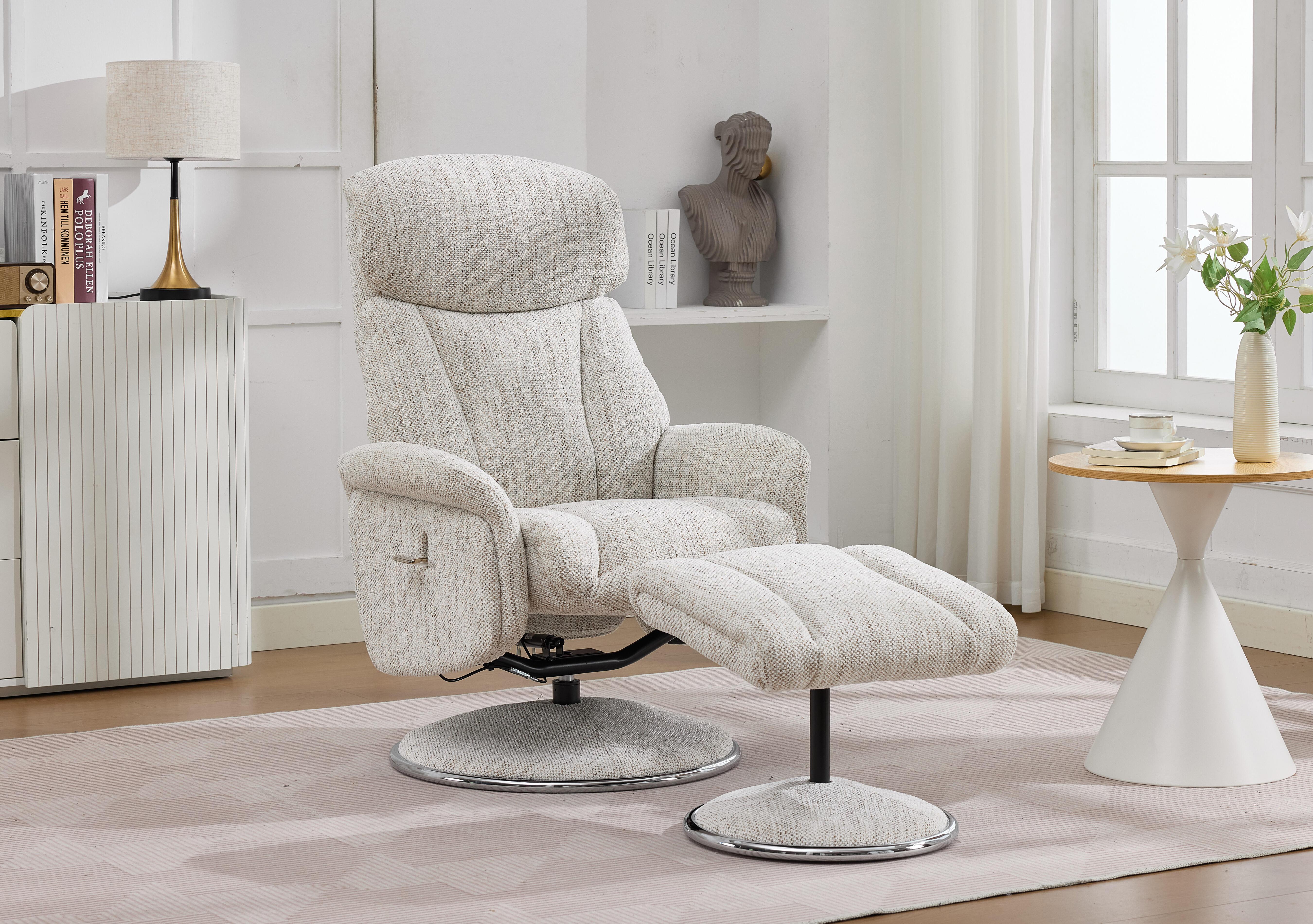 Elm Fabric Swivel Recliner Chair and Footstool in  on Furniture Village