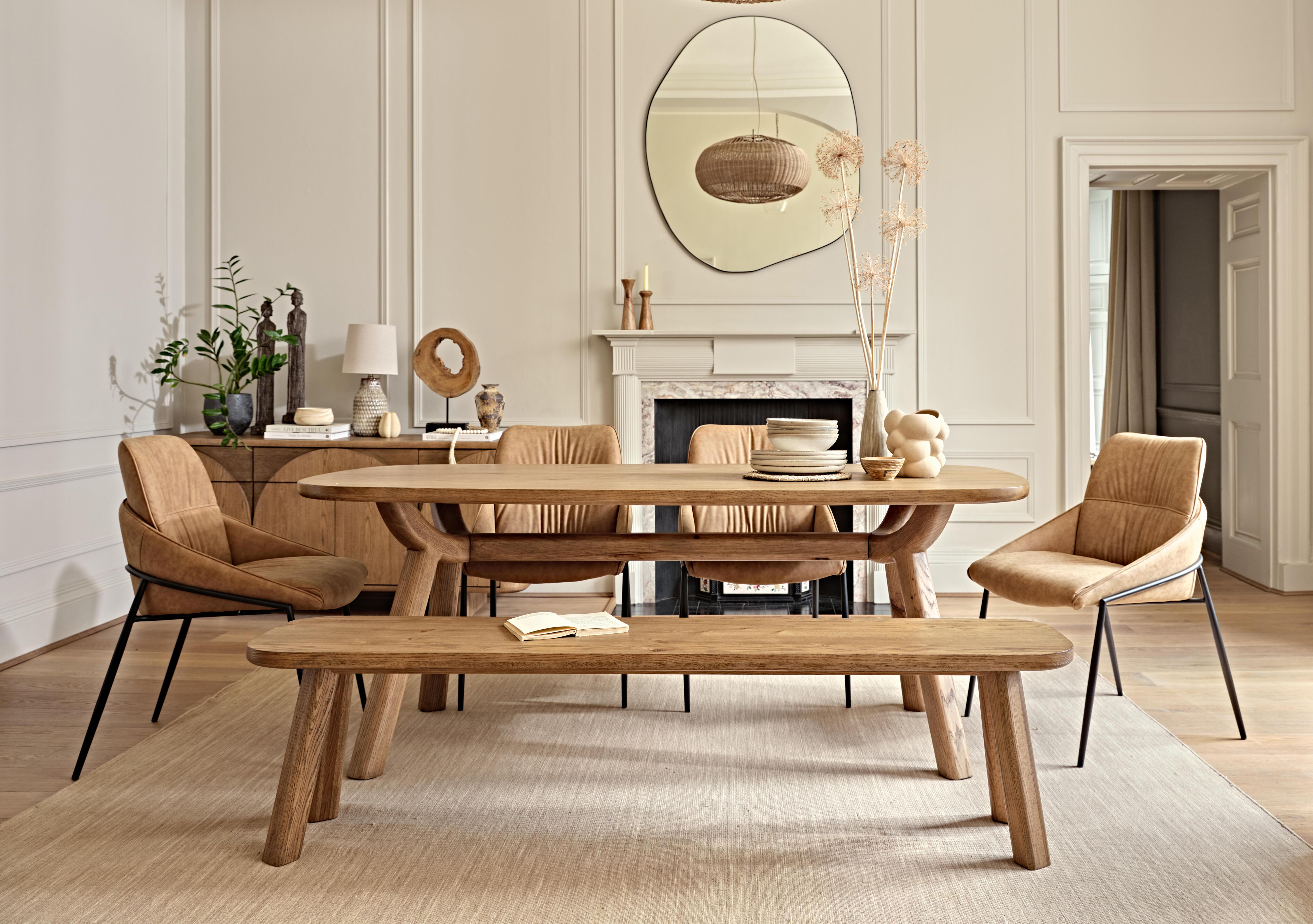 Pien Large Boat Shaped Oak Fixed Dining Table, 4 Faux Leather Dining Chairs with Metal Legs and a Large Dining Bench in  on Furniture Village