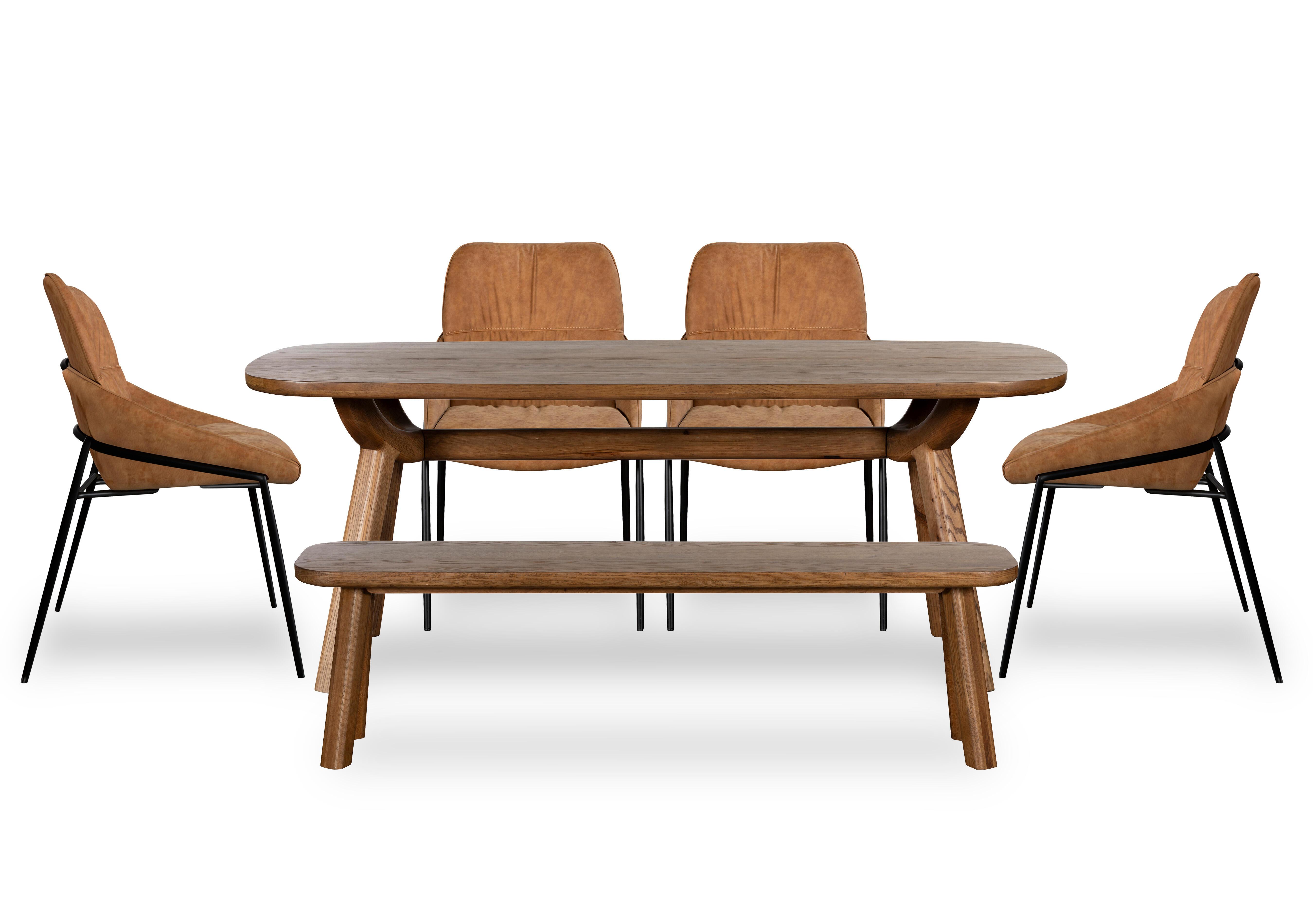 Pien Large Boat Shaped Oak Fixed Dining Table, 4 Faux Leather Dining Chairs with Metal Legs and a Large Dining Bench in Tan on Furniture Village