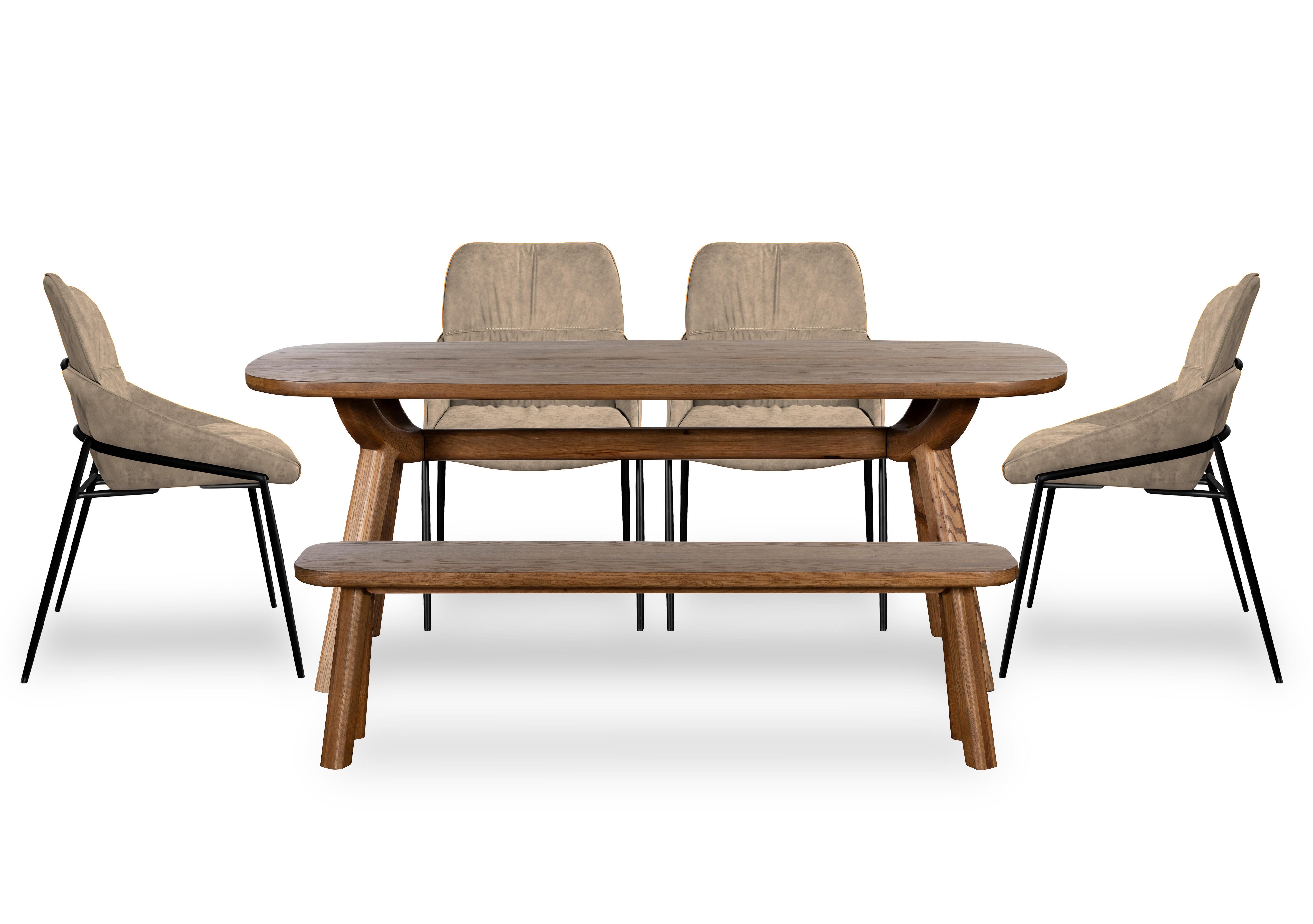 Pien Large Boat Shaped Oak Fixed Dining Table, 4 Faux Leather Dining Chairs with Metal Legs and a Large Dining Bench in Taupe on Furniture Village