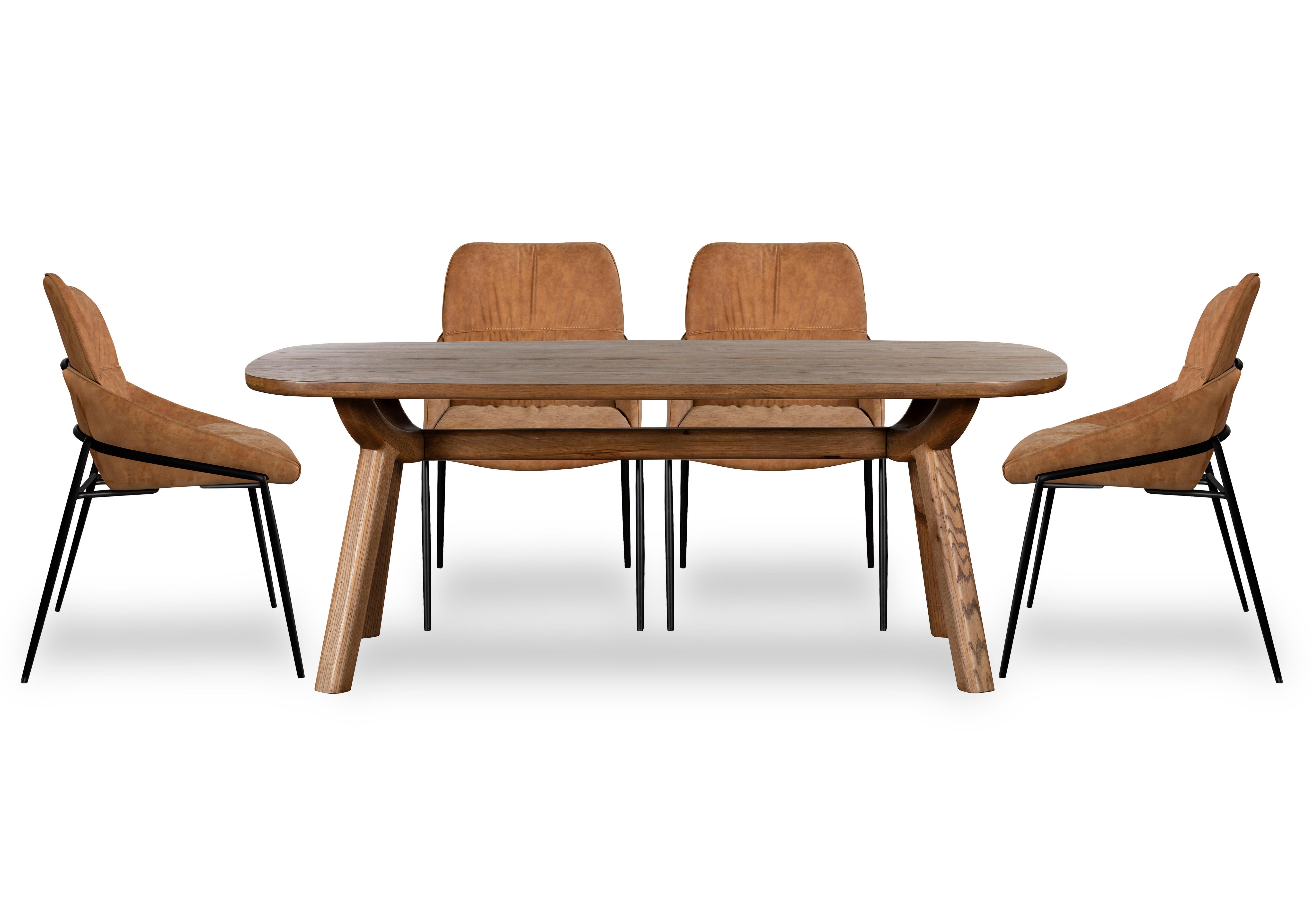 Pien Large Boat Shaped Oak Fixed Dining Table and 4 Faux Leather Dining Chairs with Metal Legs in Tan on Furniture Village