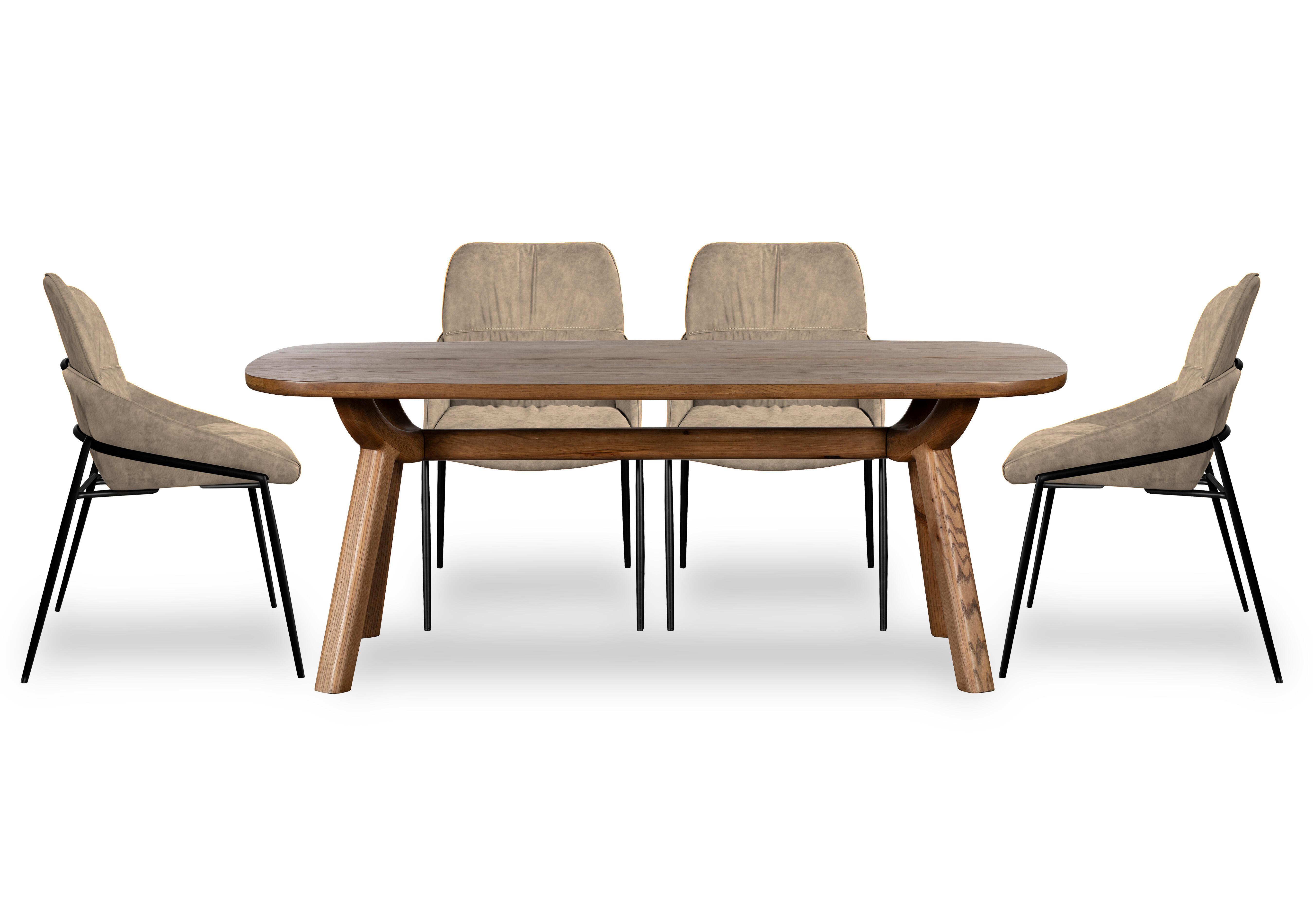 Pien Large Boat Shaped Oak Fixed Dining Table and 4 Faux Leather Dining Chairs with Metal Legs in Taupe on Furniture Village