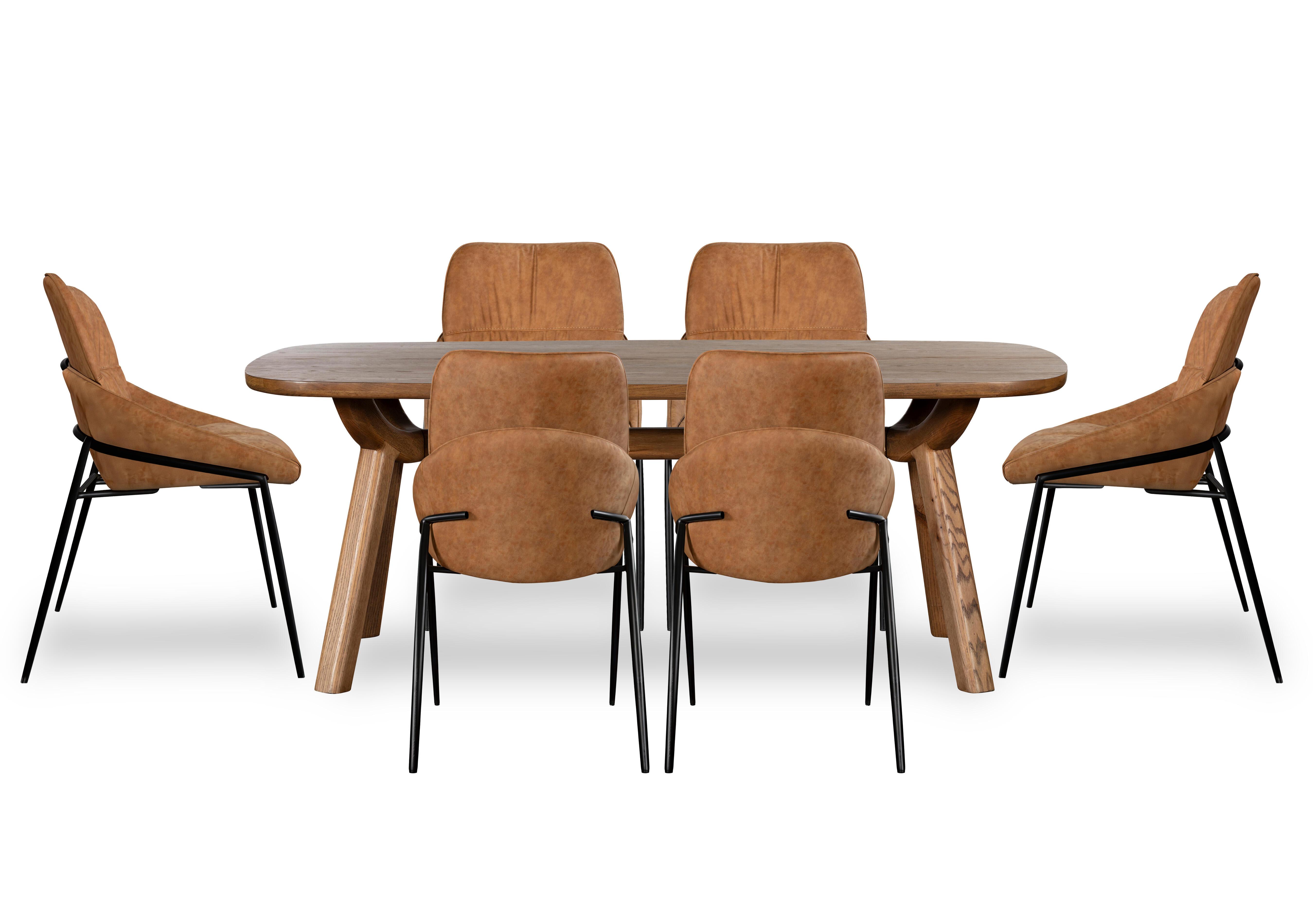 Pien Large Boat Shaped Oak Fixed Dining Table and 6 Faux Leather Dining Chairs with Metal Legs in Tan on Furniture Village