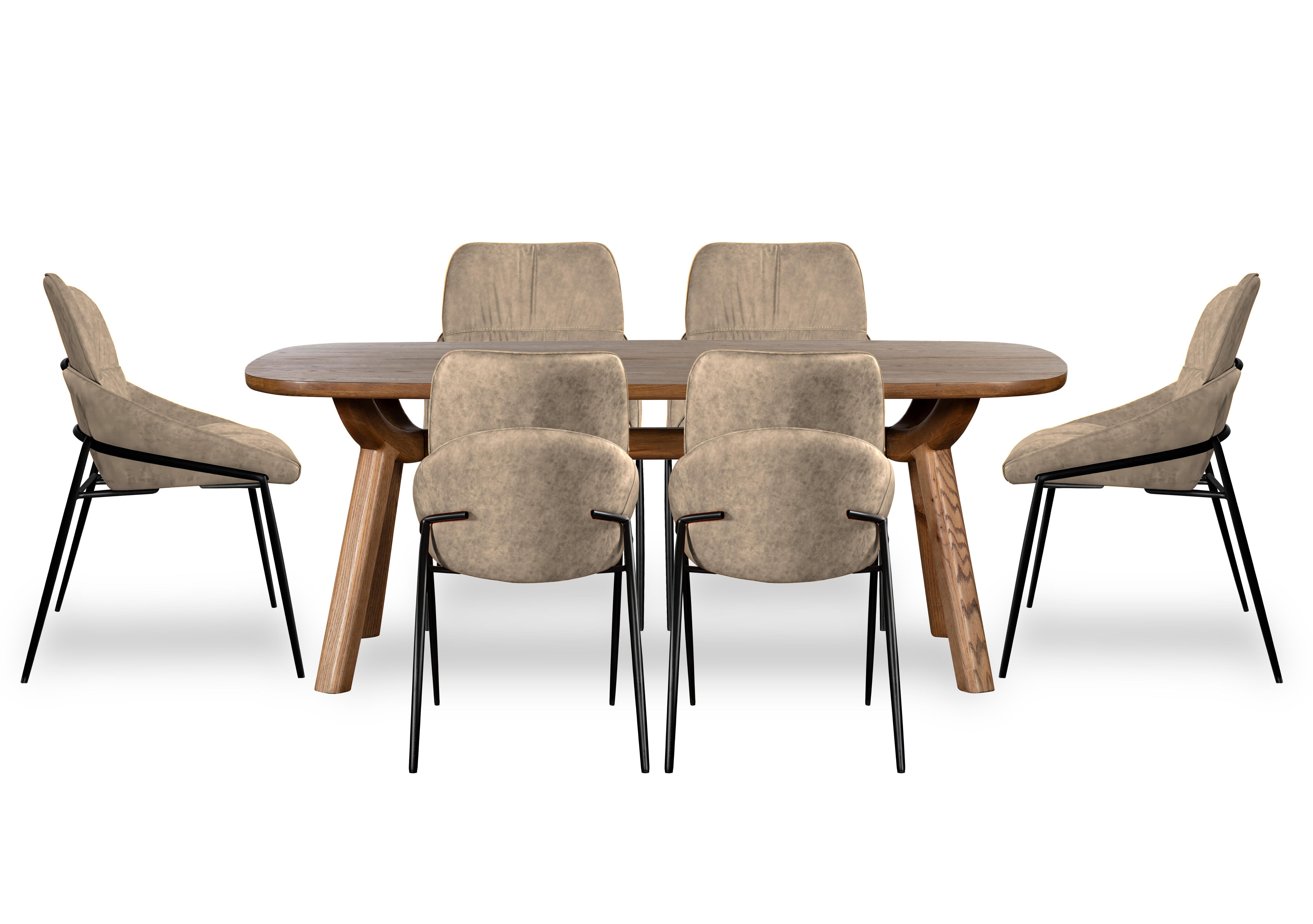 Pien Large Boat Shaped Oak Fixed Dining Table and 6 Faux Leather Dining Chairs with Metal Legs in Taupe on Furniture Village